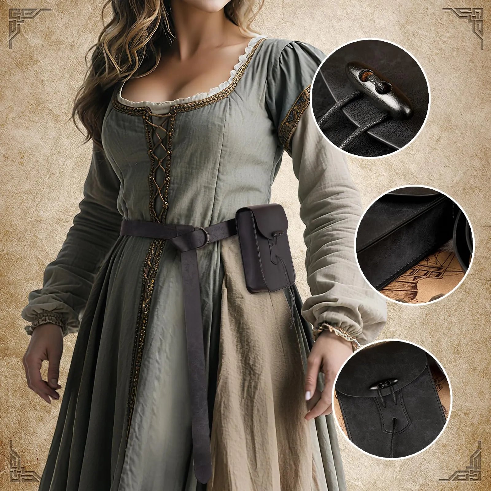 EpicCos Marsupio Rinascimentale, Accessori Medievali da Pirata per Cosplay LARP, Borsa da Vita Vintage in Pelle con Cintura da Fiera Rinascimentale, Nero a, Taglia unica - immagine 6