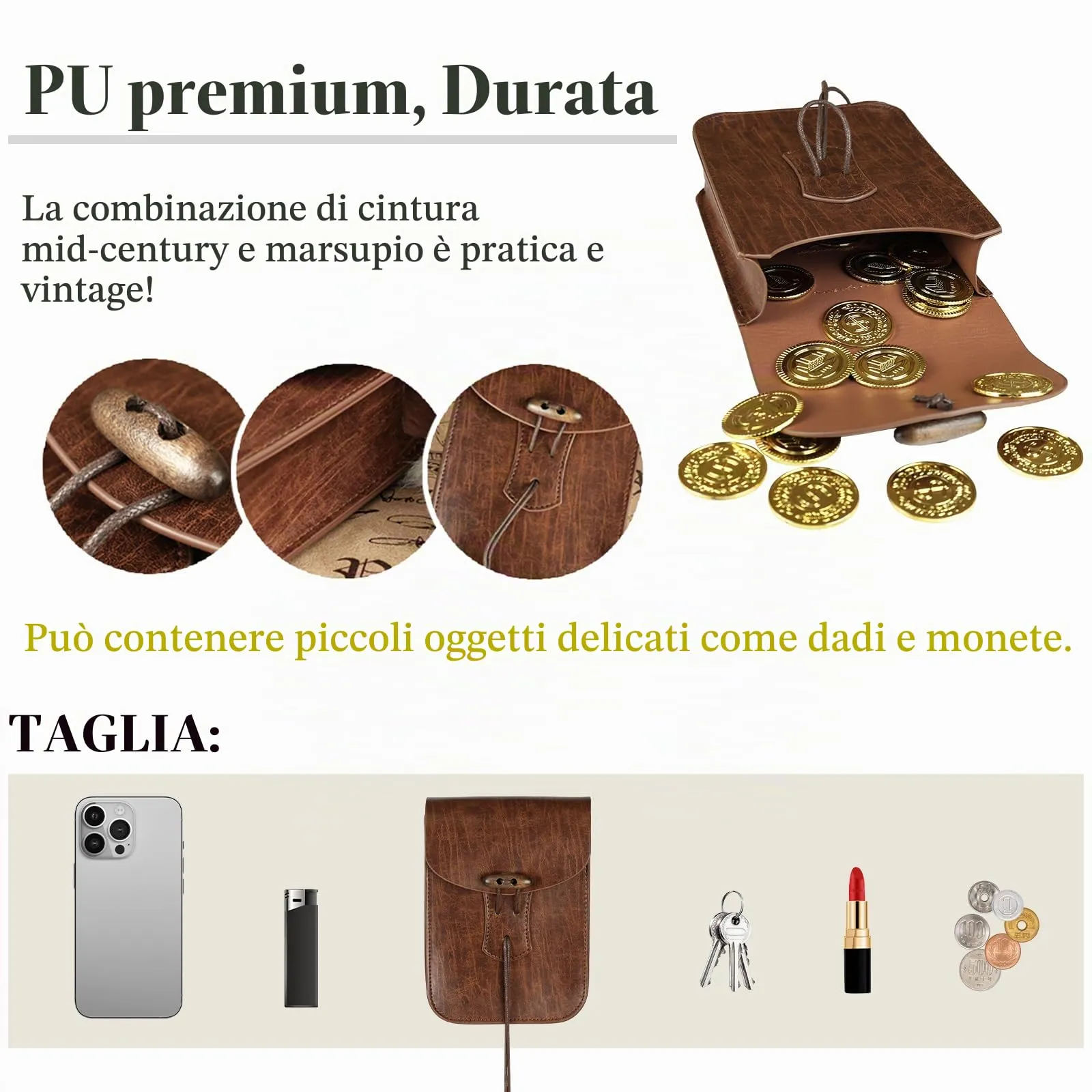 EpicCos Marsupio Rinascimentale, Accessori Medievali da Pirata per Cosplay LARP, Borsa da Vita Vintage in Pelle con Cintura da Fiera Rinascimentale, Marrone a, Taglia unica - immagine 5