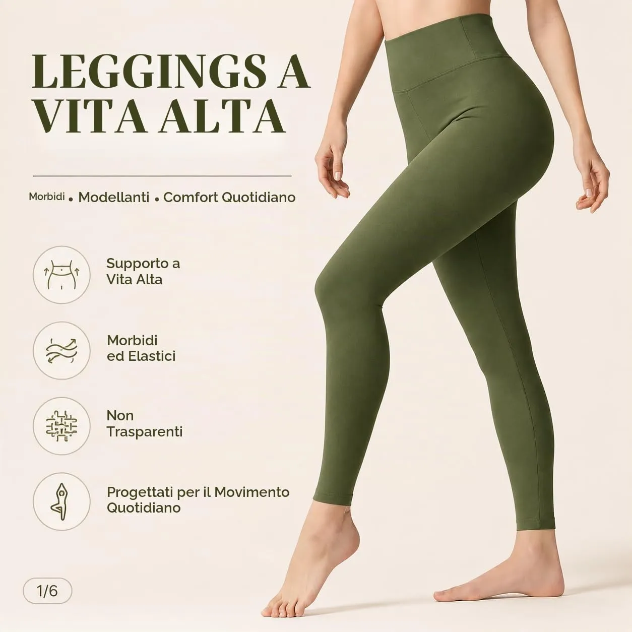 Suyamir Leggings Donna Vita Alta Made in Italy,Push Up Modellanti,Morbidi e Opachi,Elasticizzati e Traspiranti per Sport,Yoga,Fitness e Casual (IT, Testo, L, XL, Regular, Regular, Verde Militare) - immagine 3
