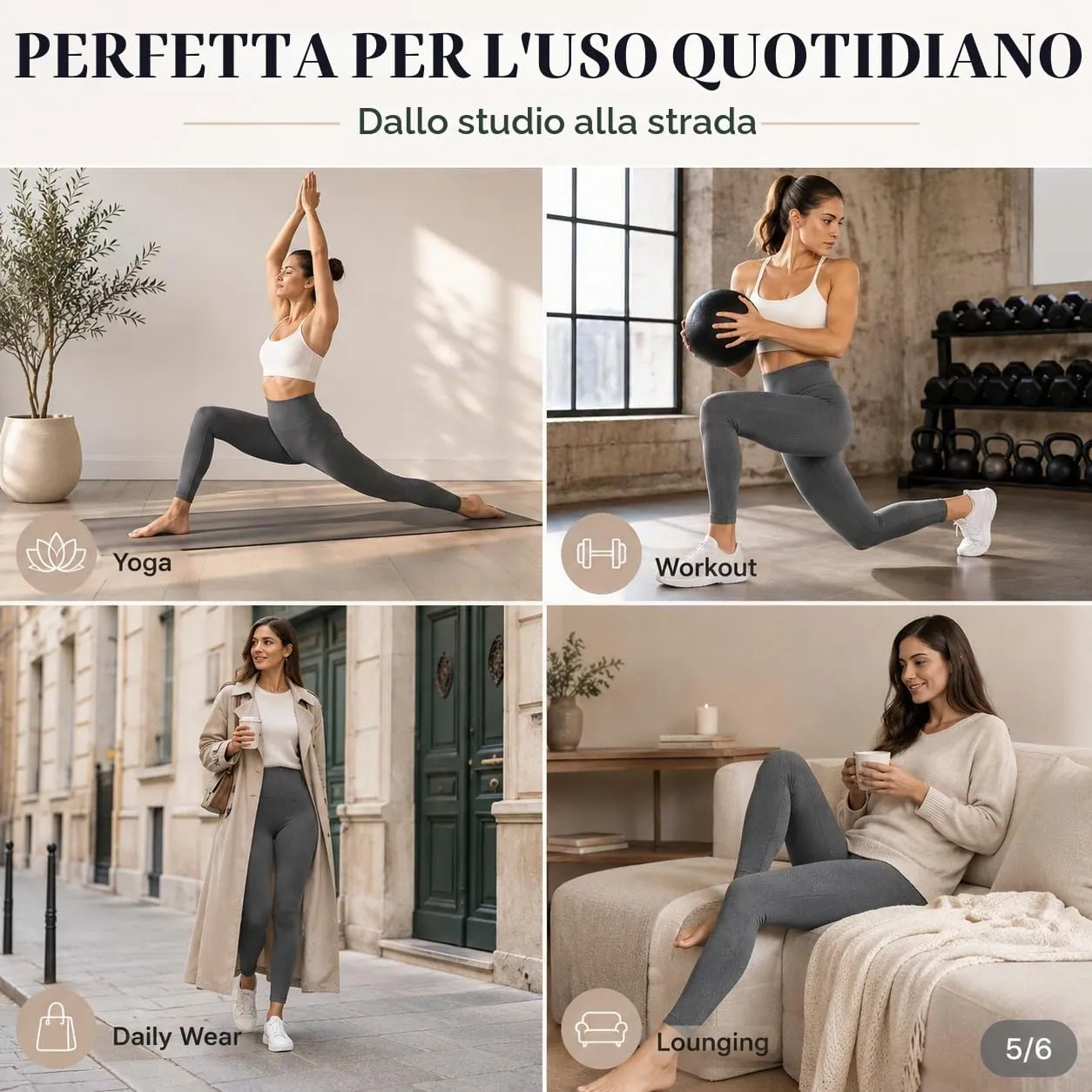 Suyamir Leggings Donna Vita Alta Made in Italy,Push Up Modellanti,Morbidi e Opachi,Elasticizzati e Traspiranti per Sport,Yoga,Fitness e Casual (IT, Testo, XXL, 3XL, Regular, Regular, Grigio) - immagine 6