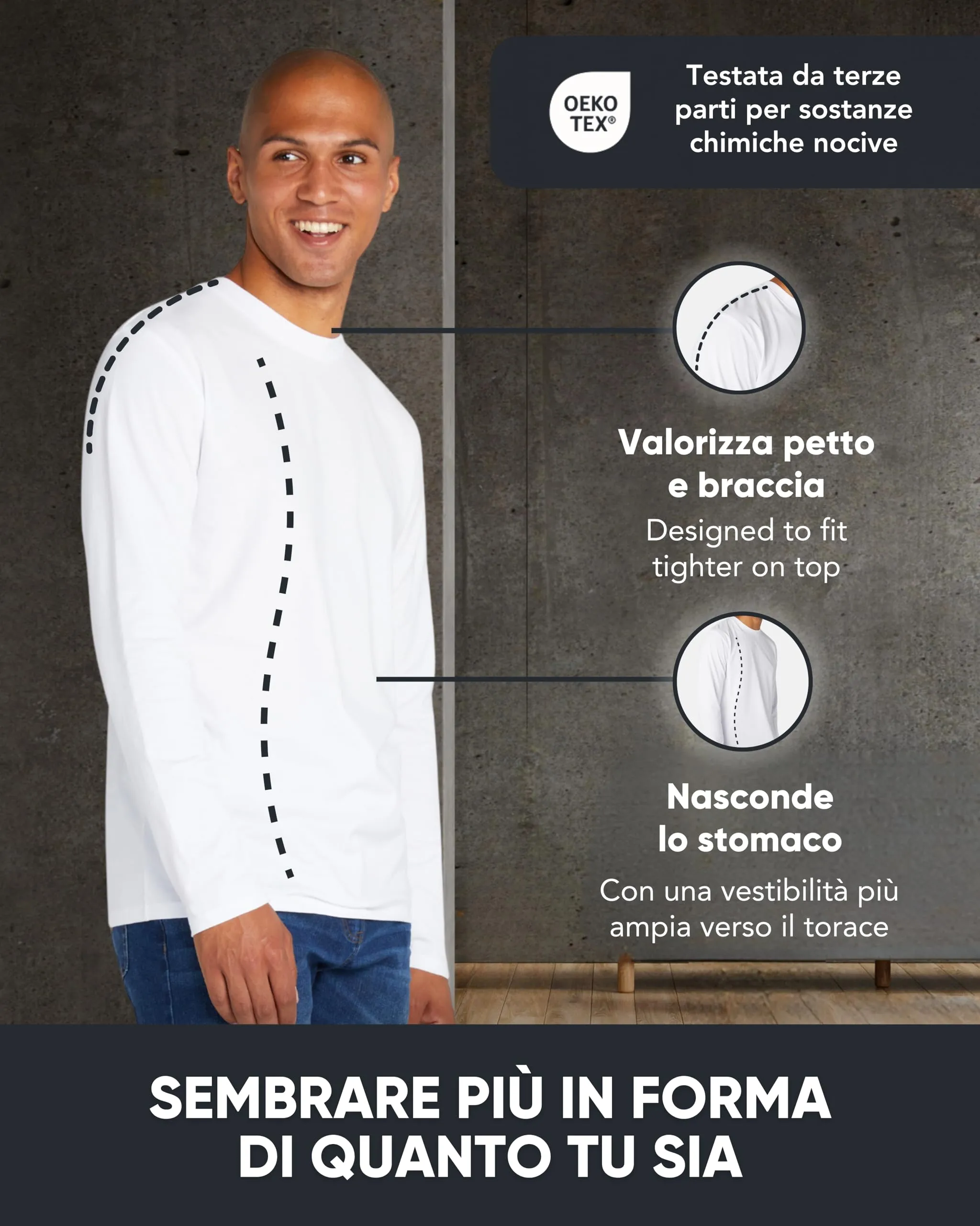 FM London Maglietta Maniche Lunghe da Uomo in Confezione da 3 - T Shirt Uomo - vestibilità Perfetta, Tessuto Premium, Magliette a Girocollo in Cotone Ultra Morbido Blanco (3 Pezzi) M - immagine 2