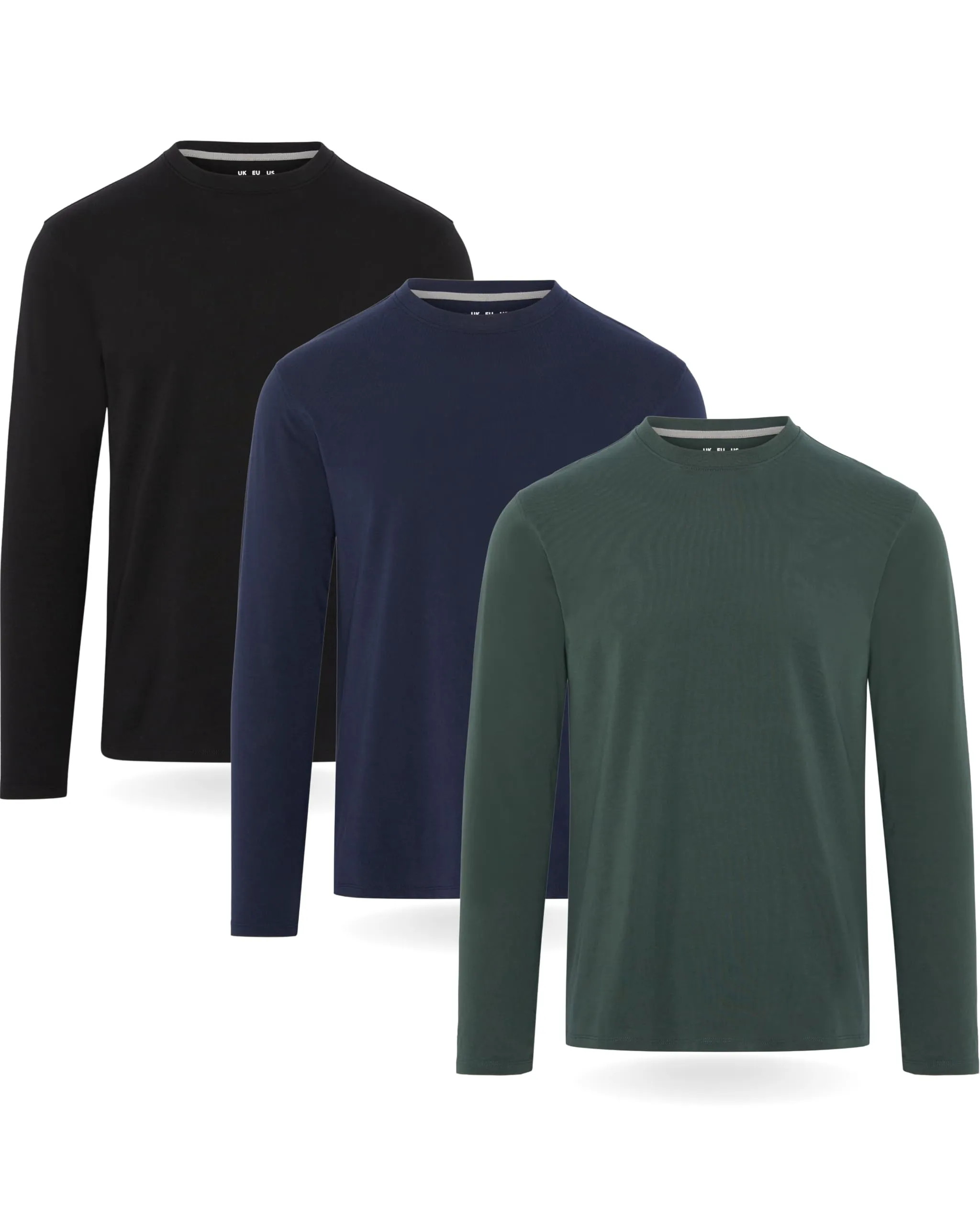 FM London Maglietta Maniche Lunghe da Uomo in Confezione da 3 - T Shirt Uomo - vestibilità Perfetta, Tessuto Premium, Magliette a Girocollo in Cotone Ultra Morbido Nero, Blu Navy, Verde (3 Pezzi) M - immagine 1