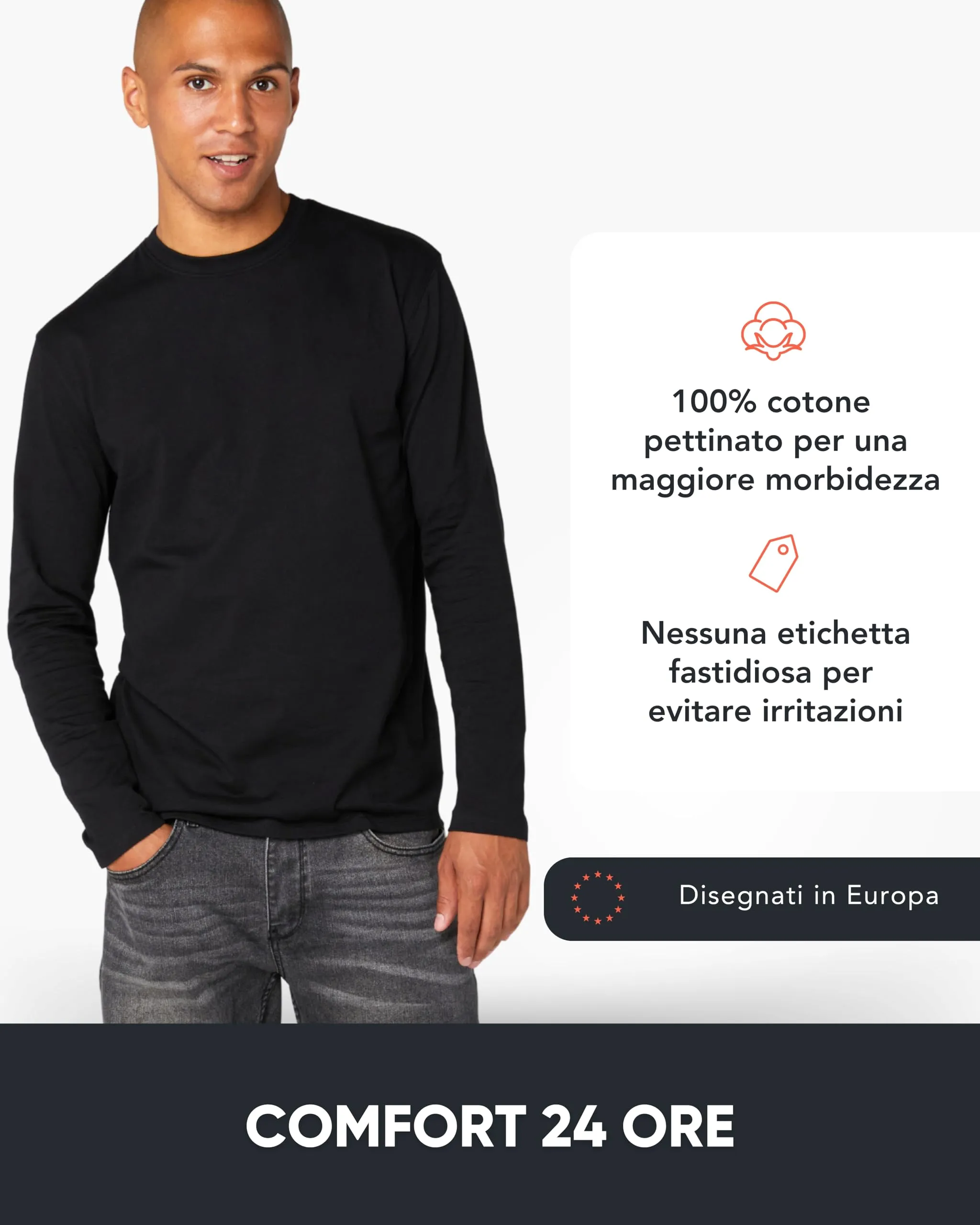 FM London Maglietta Maniche Lunghe da Uomo in Confezione da 3 - T Shirt Uomo - vestibilità Perfetta, Tessuto Premium, Magliette a Girocollo in Cotone Ultra Morbido Nero (3 Pezzi) M - immagine 3