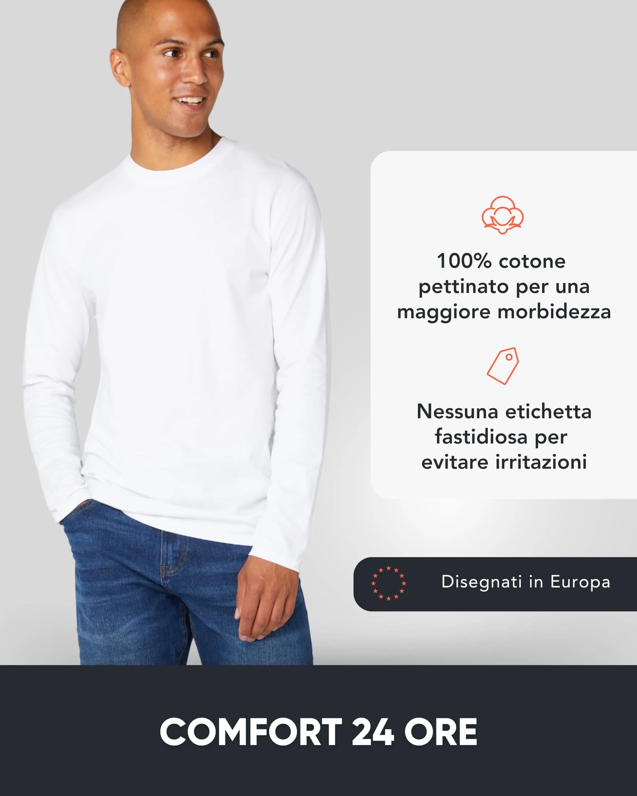 FM London Maglietta Maniche Lunghe da Uomo in Confezione da 3 - T Shirt Uomo - vestibilità Perfetta, Tessuto Premium, Magliette a Girocollo in Cotone Ultra Morbido Blanco (3 Pezzi) S - immagine 3