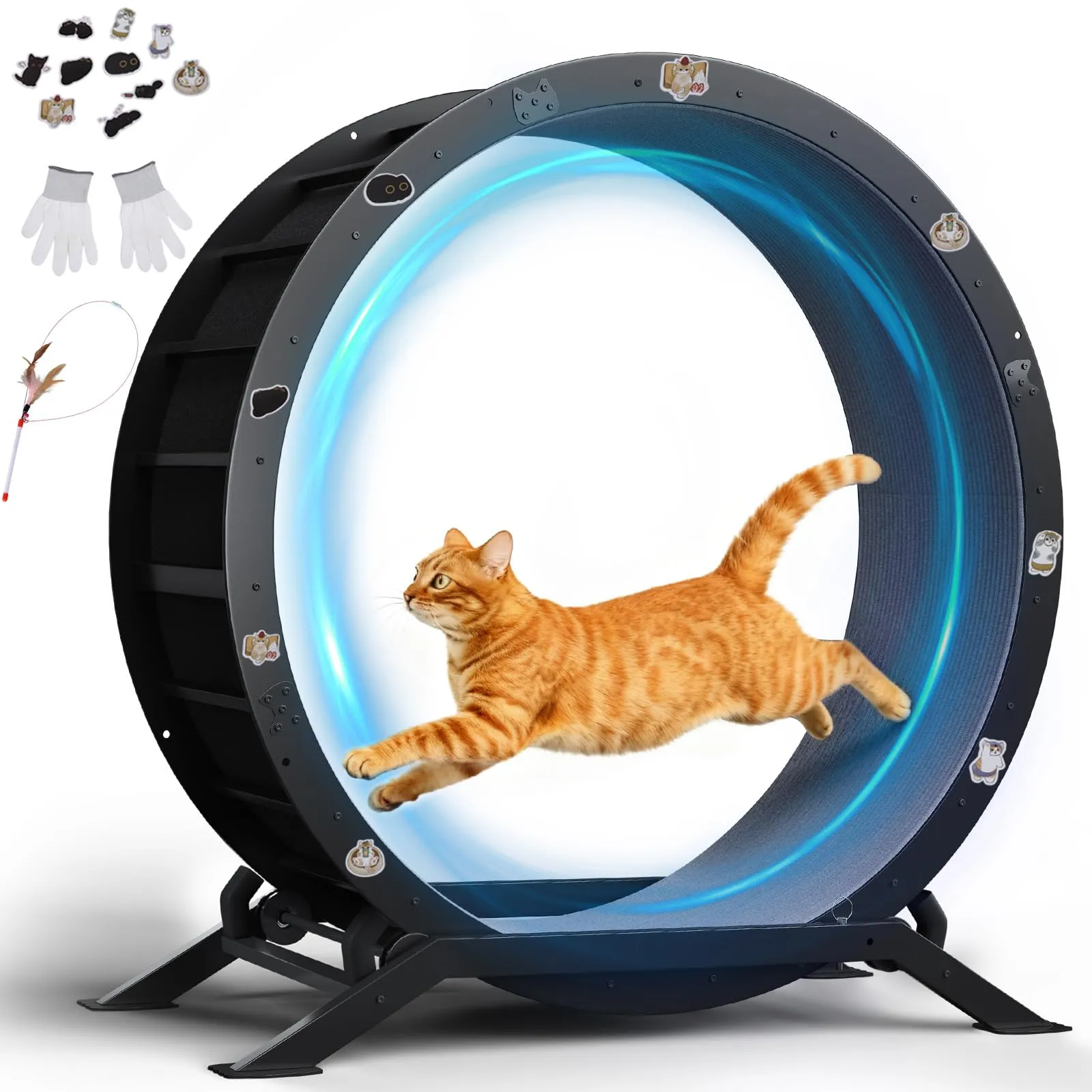 GTPLAYER Ruota per gatti, ruota per esercizi per gatti, XL- 100 cm, ultra silenziosa con tappetino rimovibile, adesivi, sistema di bloccaggio, metallo, nero, regali per il vostro gatto - immagine 1