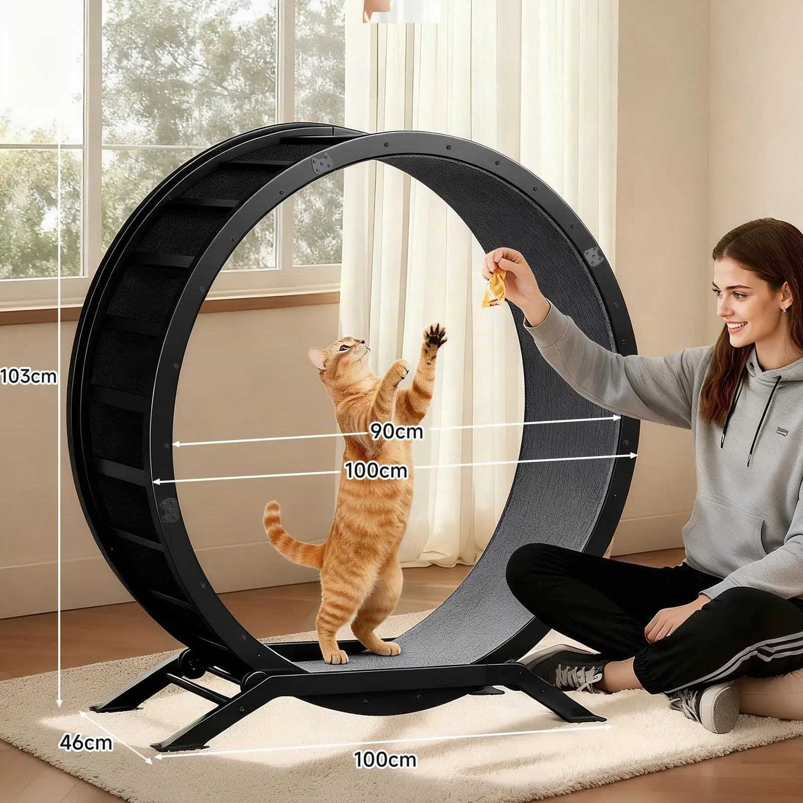 GTPLAYER Ruota per gatti, ruota per esercizi per gatti, XL- 100 cm, ultra silenziosa con tappetino rimovibile, adesivi, sistema di bloccaggio, metallo, nero, regali per il vostro gatto - immagine 2