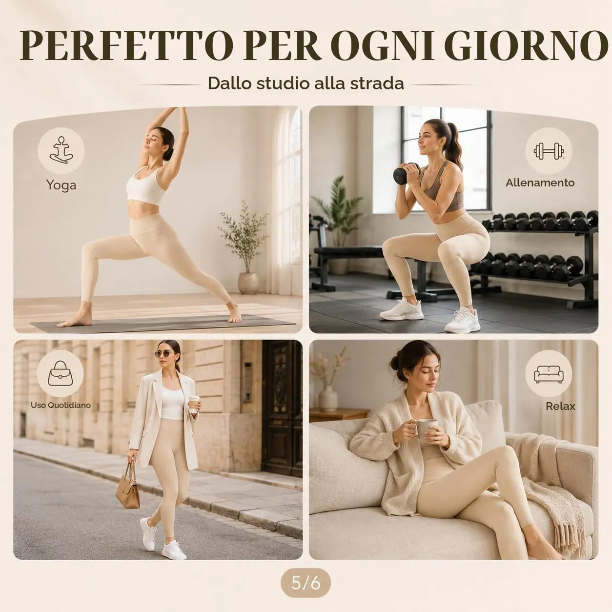 Suyamir Leggings Donna Vita Alta Made in Italy,Push Up Modellanti,Morbidi e Opachi,Elasticizzati e Traspiranti per Sport,Yoga,Fitness e Casual (IT, Testo, L, XL, Regular, Regular, Beige) - immagine 6