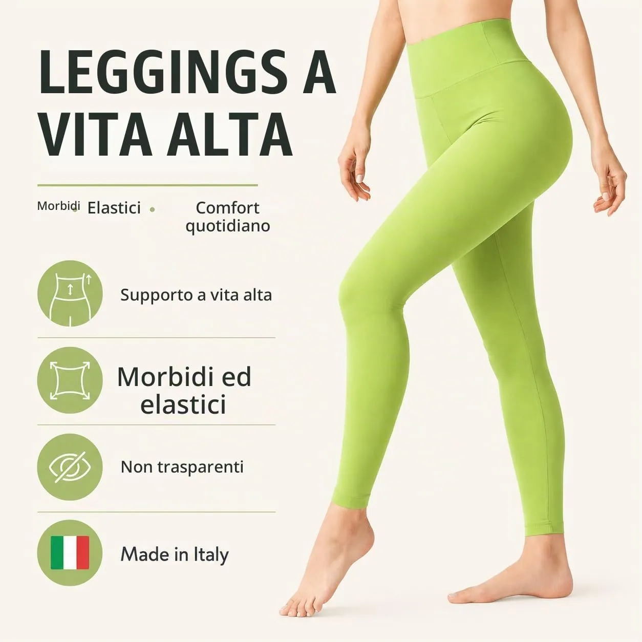 Suyamir Leggings Donna Vita Alta Made in Italy,Push Up Modellanti,Morbidi e Opachi,Elasticizzati e Traspiranti per Sport,Yoga,Fitness e Casual (IT, Testo, S, M, Regular, Regular, Verde Avocado) - immagine 2