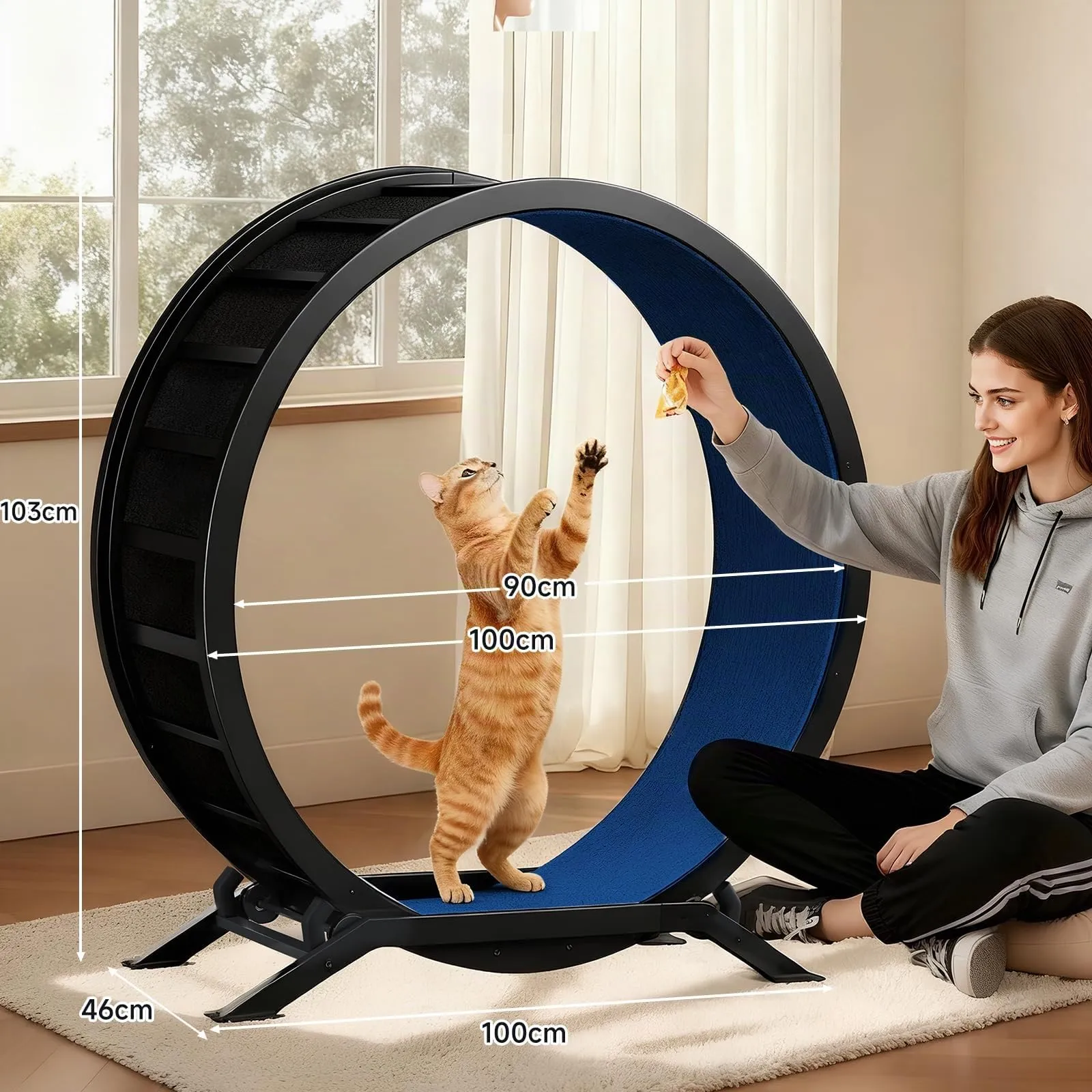 GTPLAYER Ruota per gatti, ruota per esercizi per gatti, XL- 100 cm, ultra silenziosa con tappetino rimovibile, adesivi, sistema di bloccaggio, metallo, blu, regali per il vostro gatto - immagine 5