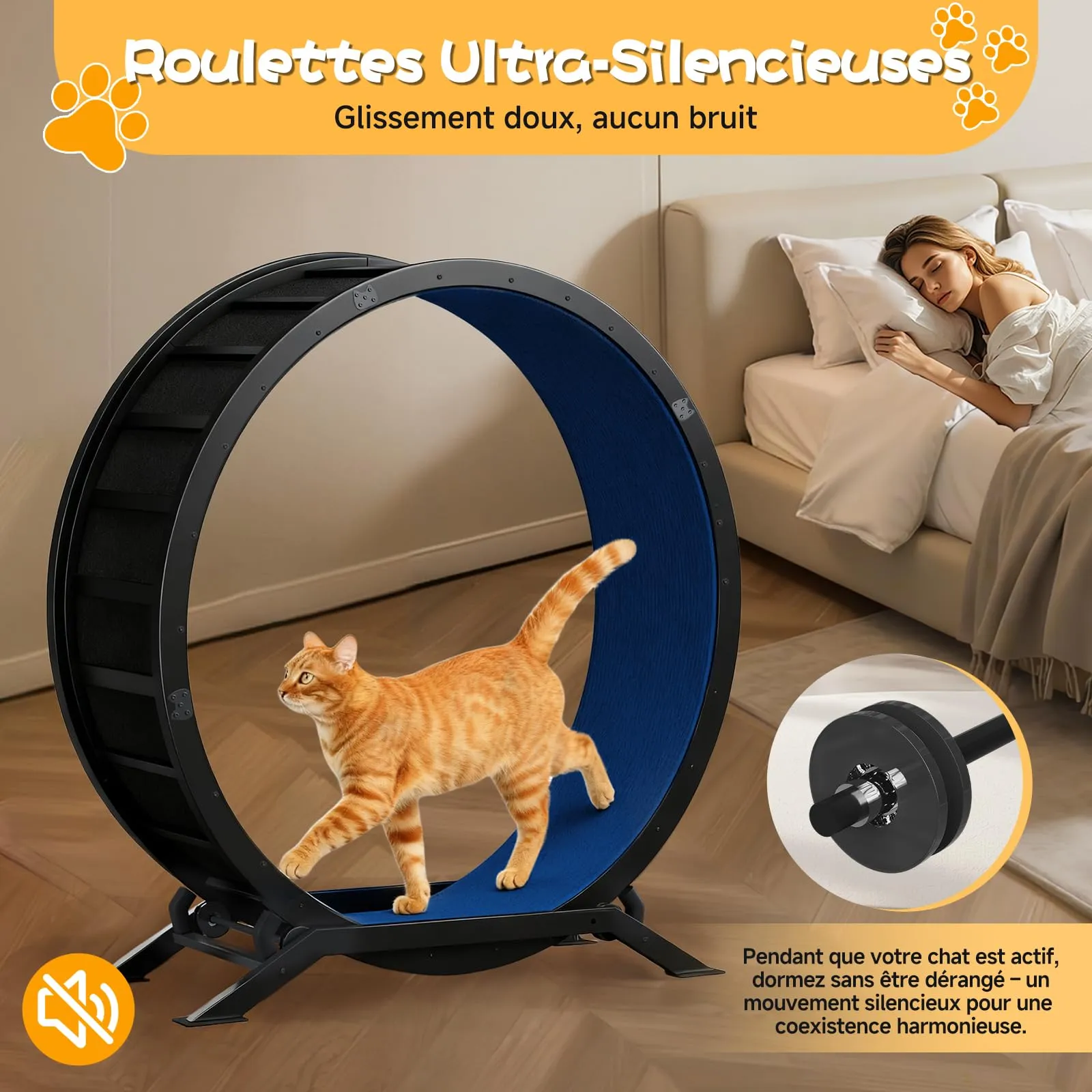 GTPLAYER Ruota per gatti, ruota per esercizi per gatti, XL- 100 cm, ultra silenziosa con tappetino rimovibile, adesivi, sistema di bloccaggio, metallo, blu, regali per il vostro gatto - immagine 6