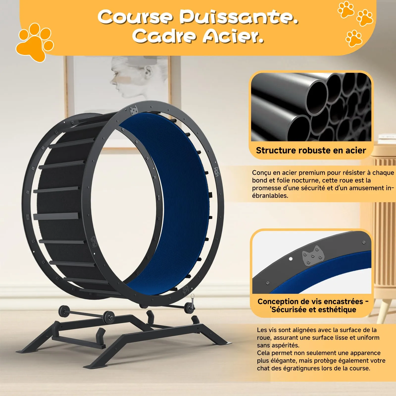GTPLAYER Ruota per gatti, ruota per esercizi per gatti, XL- 100 cm, ultra silenziosa con tappetino rimovibile, adesivi, sistema di bloccaggio, metallo, blu, regali per il vostro gatto - immagine 7