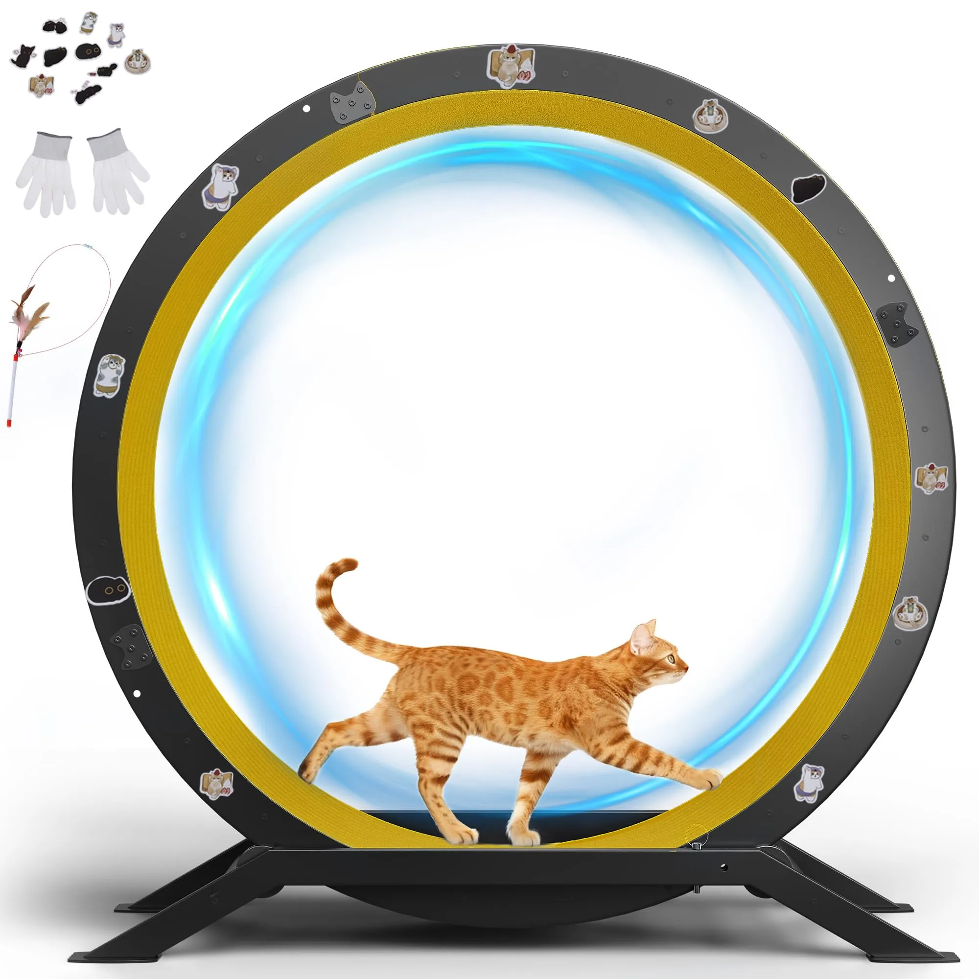 GTPLAYER Ruota per gatti, ruota per esercizi per gatti, XL- 100 cm, ultra silenziosa con tappetino rimovibile, adesivi, sistema di bloccaggio, metallo, giallo, regali per il vostro gatto - immagine 1