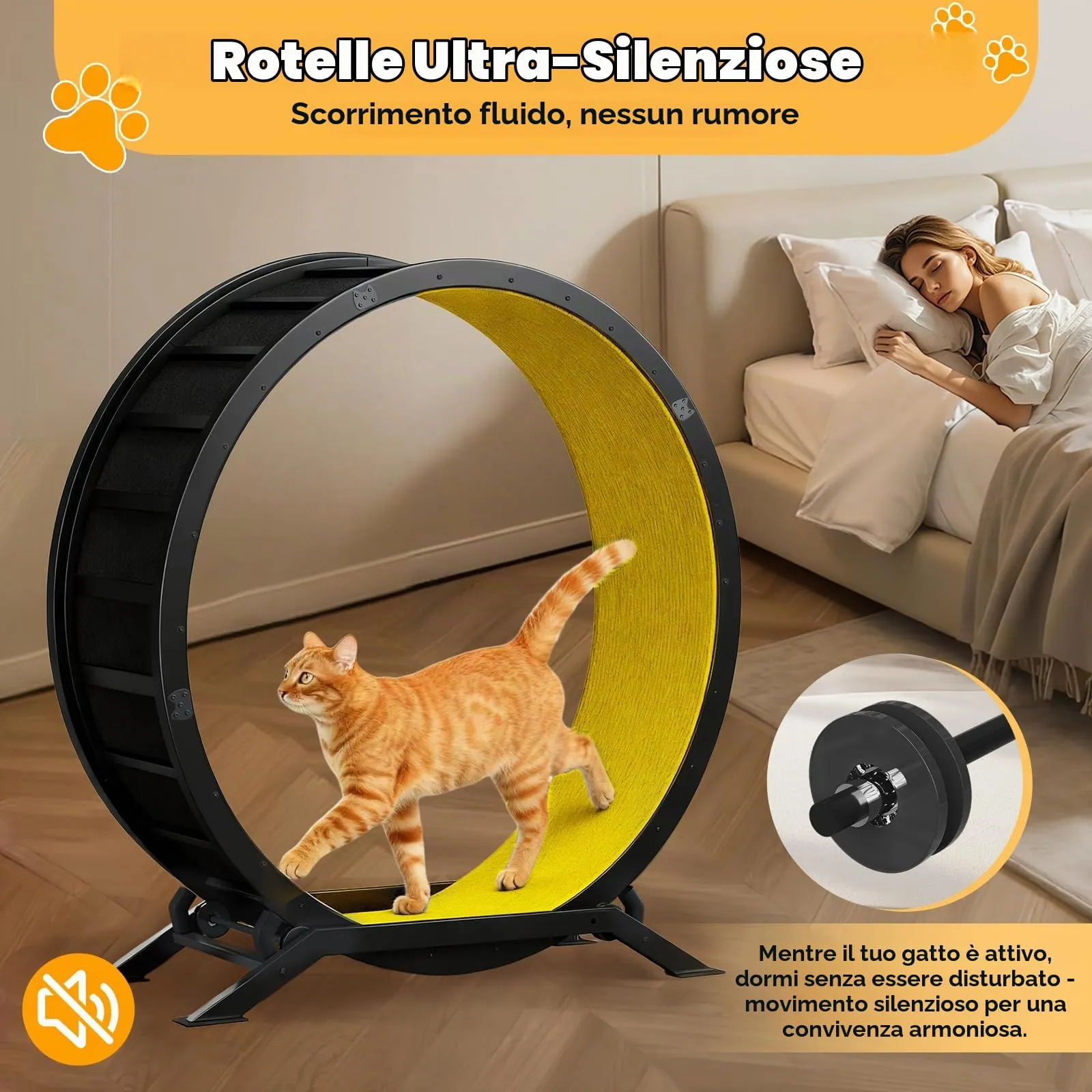 GTPLAYER Ruota per gatti, ruota per esercizi per gatti, XL- 100 cm, ultra silenziosa con tappetino rimovibile, adesivi, sistema di bloccaggio, metallo, giallo, regali per il vostro gatto - immagine 2