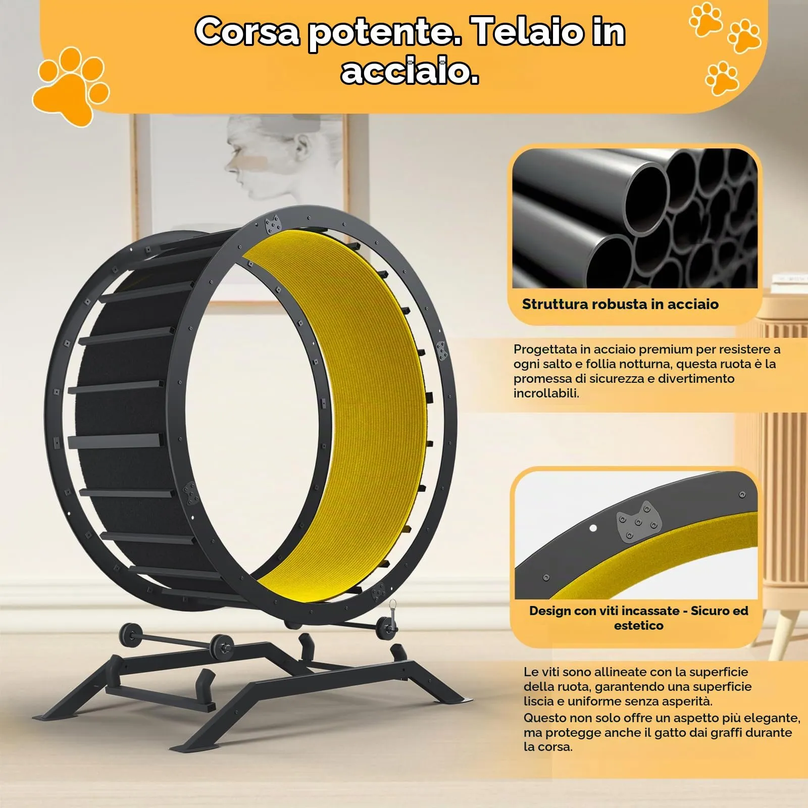 GTPLAYER Ruota per gatti, ruota per esercizi per gatti, XL- 100 cm, ultra silenziosa con tappetino rimovibile, adesivi, sistema di bloccaggio, metallo, giallo, regali per il vostro gatto - immagine 3