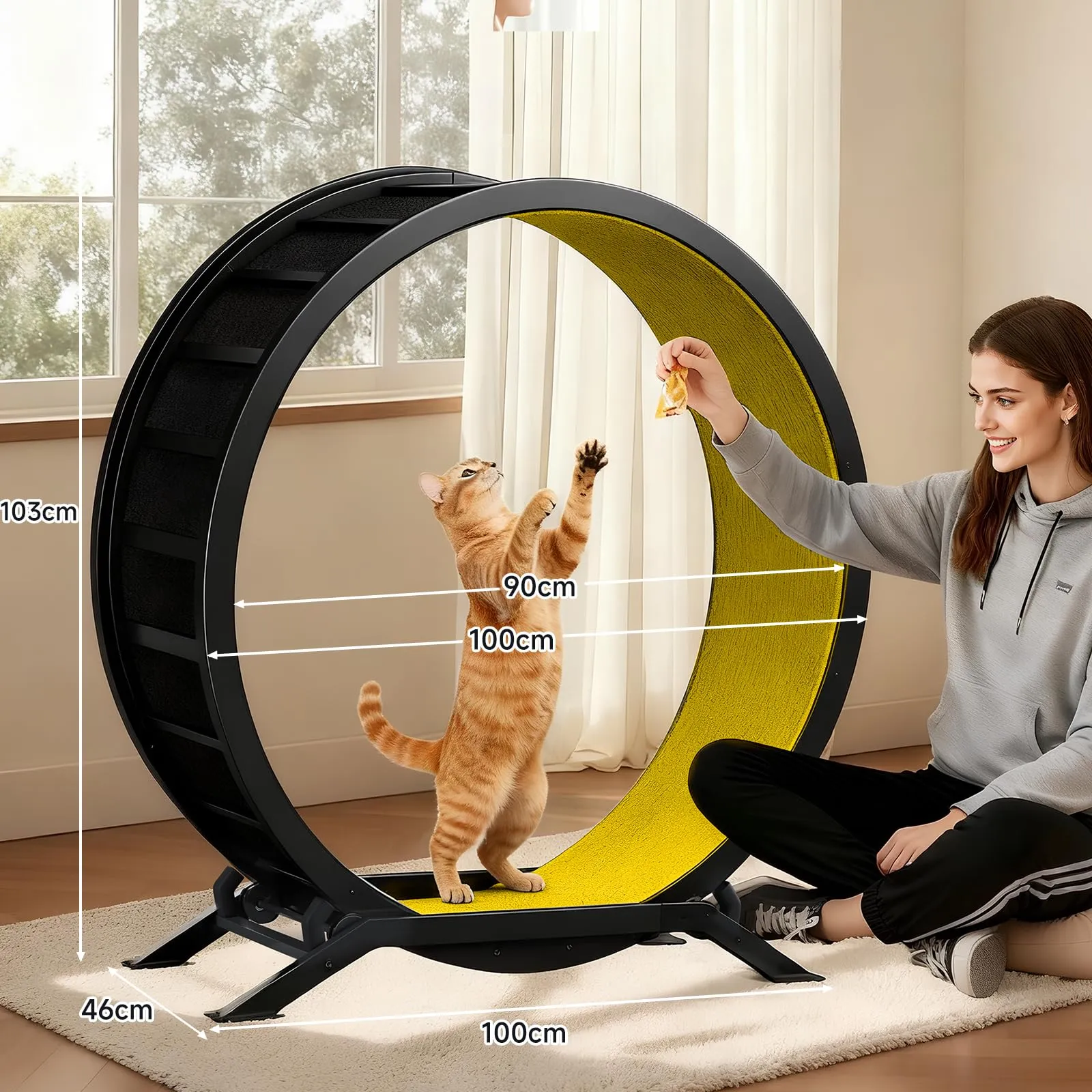 GTPLAYER Ruota per gatti, ruota per esercizi per gatti, XL- 100 cm, ultra silenziosa con tappetino rimovibile, adesivi, sistema di bloccaggio, metallo, giallo, regali per il vostro gatto - immagine 6
