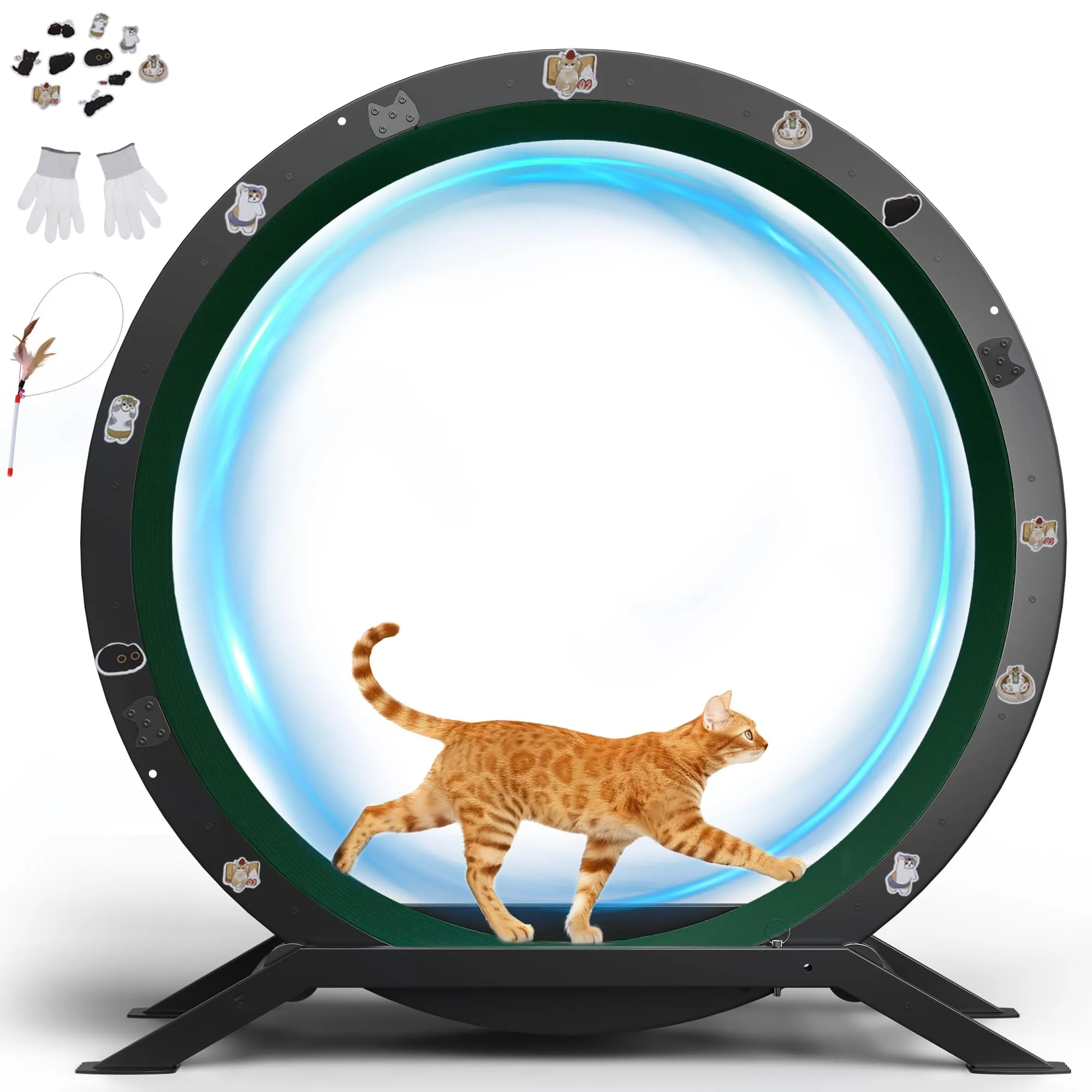 GTPLAYER Ruota per gatti, XL, 100 cm, ultra silenziosa, con tappetino rimovibile, adesivi, sistema di bloccaggio, metallo, verde, regali per i tuoi gatti - immagine 1