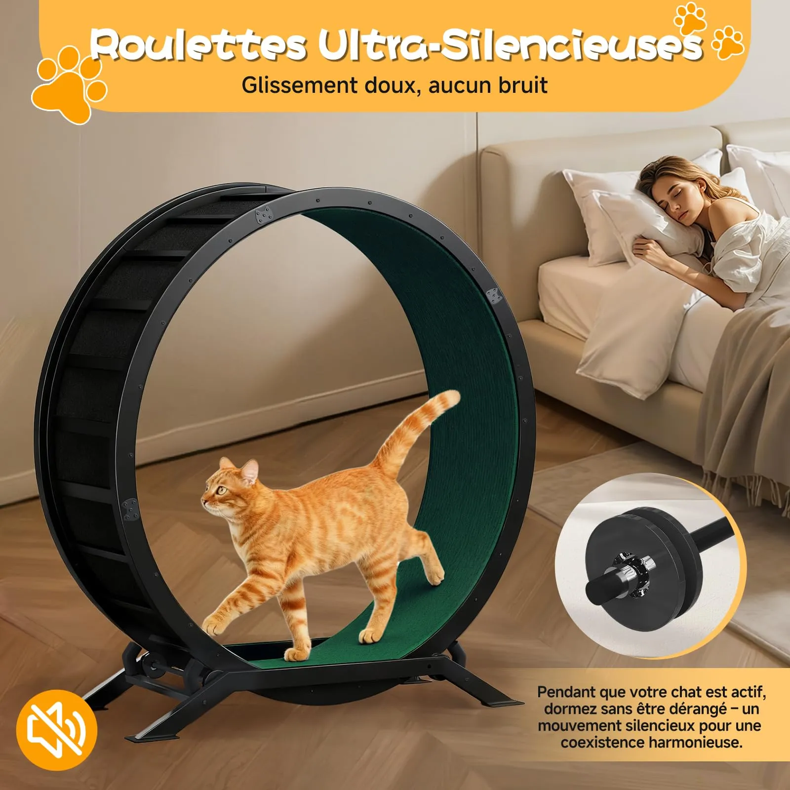 GTPLAYER Ruota per gatti, XL, 100 cm, ultra silenziosa, con tappetino rimovibile, adesivi, sistema di bloccaggio, metallo, verde, regali per i tuoi gatti - immagine 3