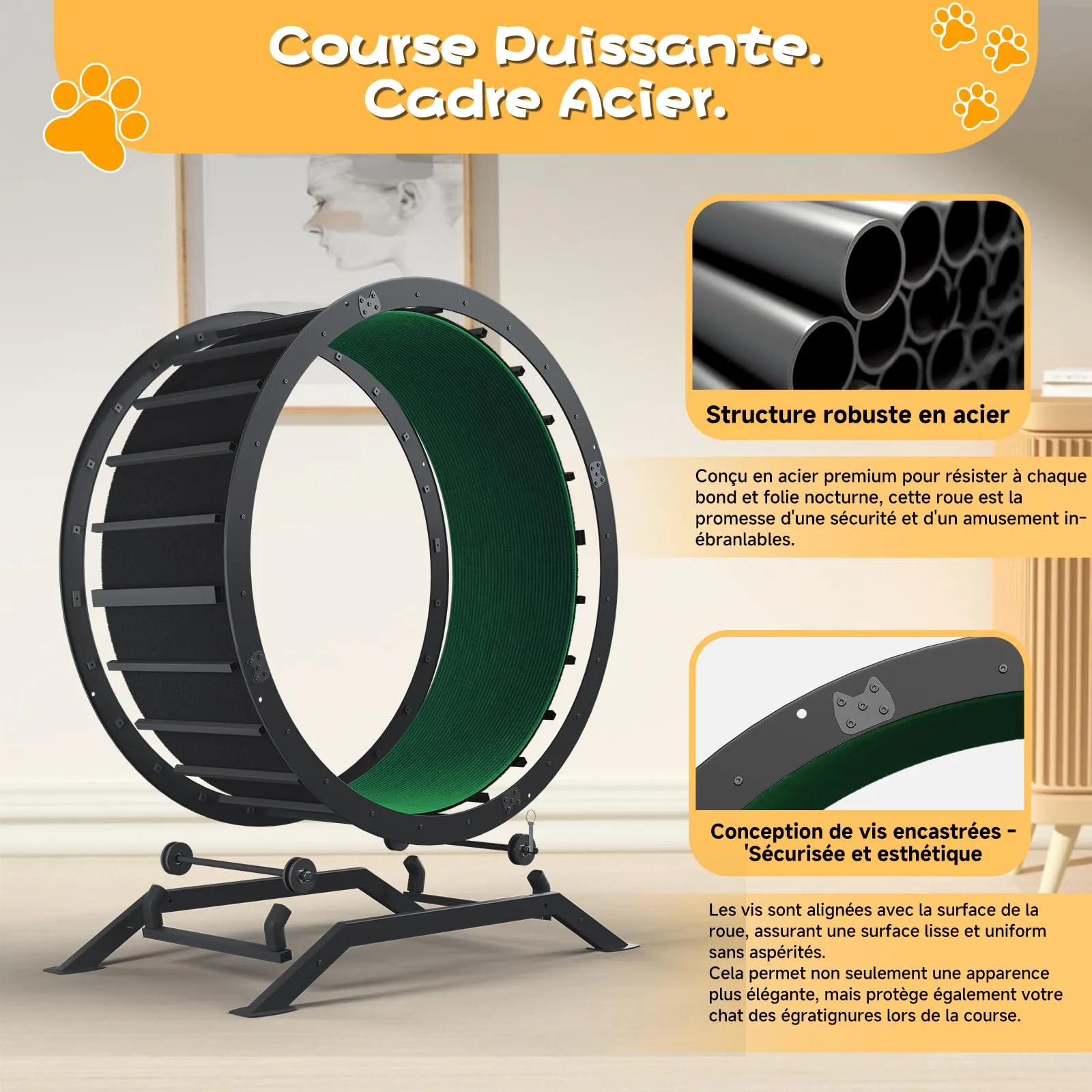 GTPLAYER Ruota per gatti, XL, 100 cm, ultra silenziosa, con tappetino rimovibile, adesivi, sistema di bloccaggio, metallo, verde, regali per i tuoi gatti - immagine 5
