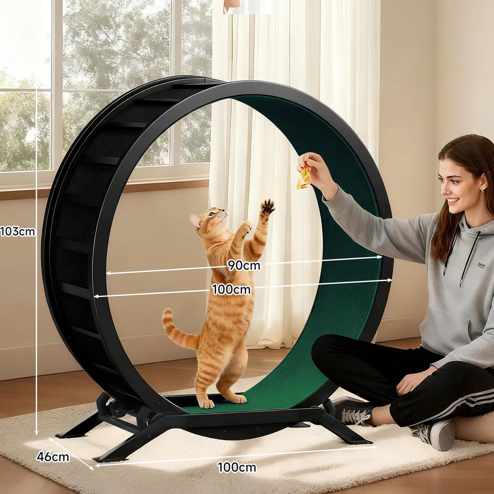 GTPLAYER Ruota per gatti, XL, 100 cm, ultra silenziosa, con tappetino rimovibile, adesivi, sistema di bloccaggio, metallo, verde, regali per i tuoi gatti - immagine 7