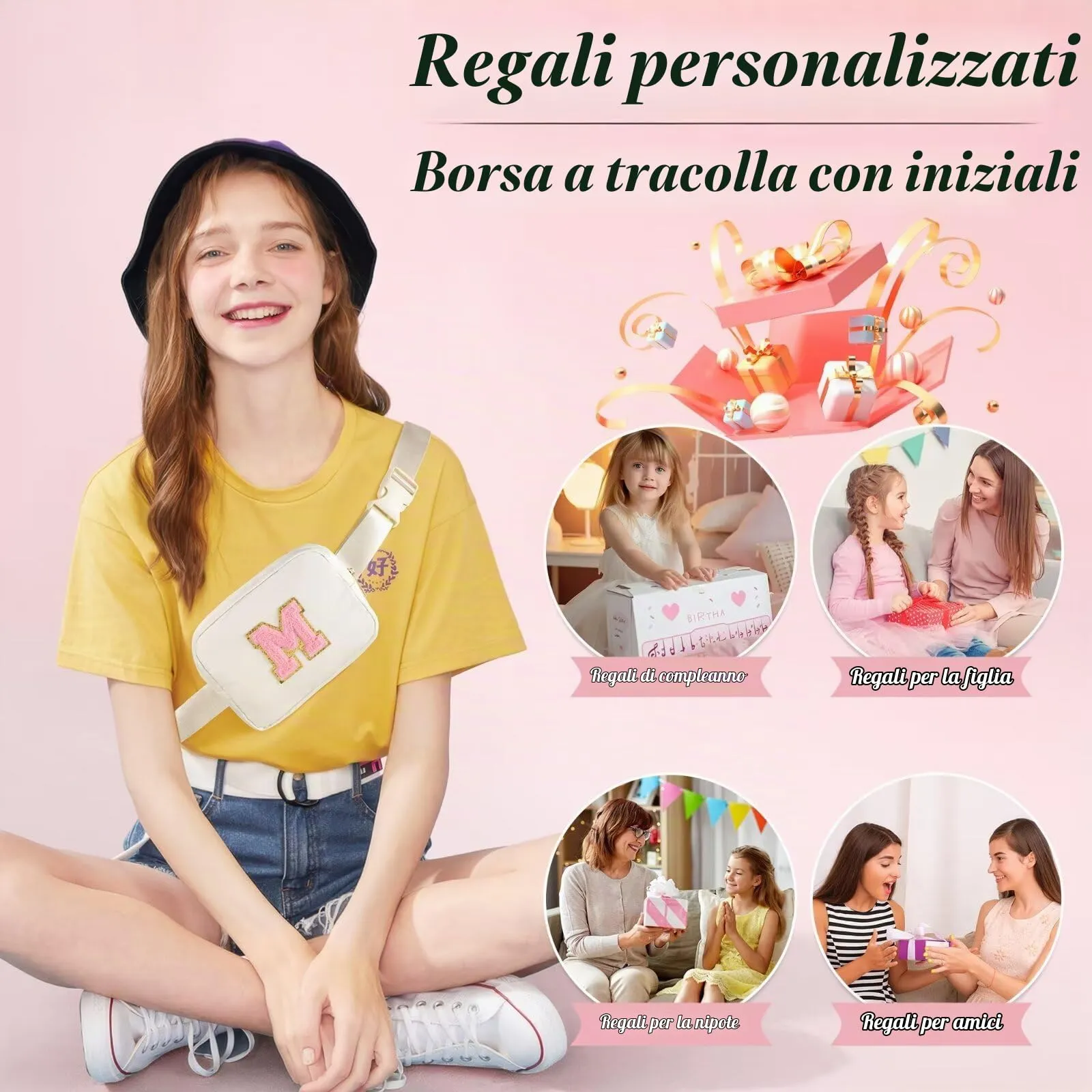 YOOLIFE Marsupio con lettere per bambine, regalo per bambine dai 3, 4, 5, 6, 7, 8, 9, 10, 11, 12 anni, regali personalizzati per teenager, donne, amiche, sorelle, mamme, beige., A - immagine 6