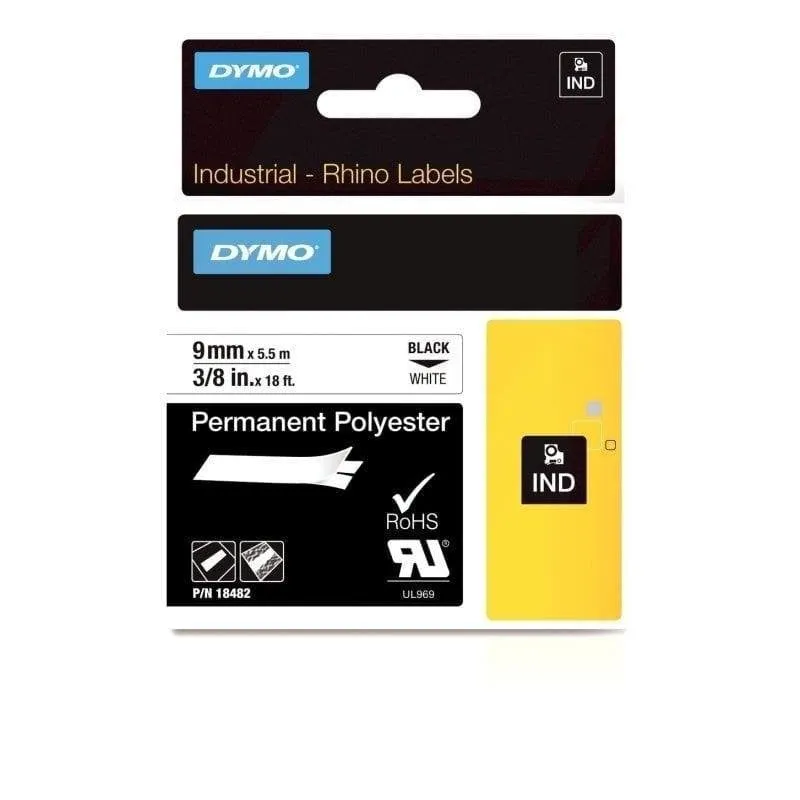 Etichetta adesiva Dymo Rhino 9mm poliestere nero su bianco resistente chimica - immagine 1