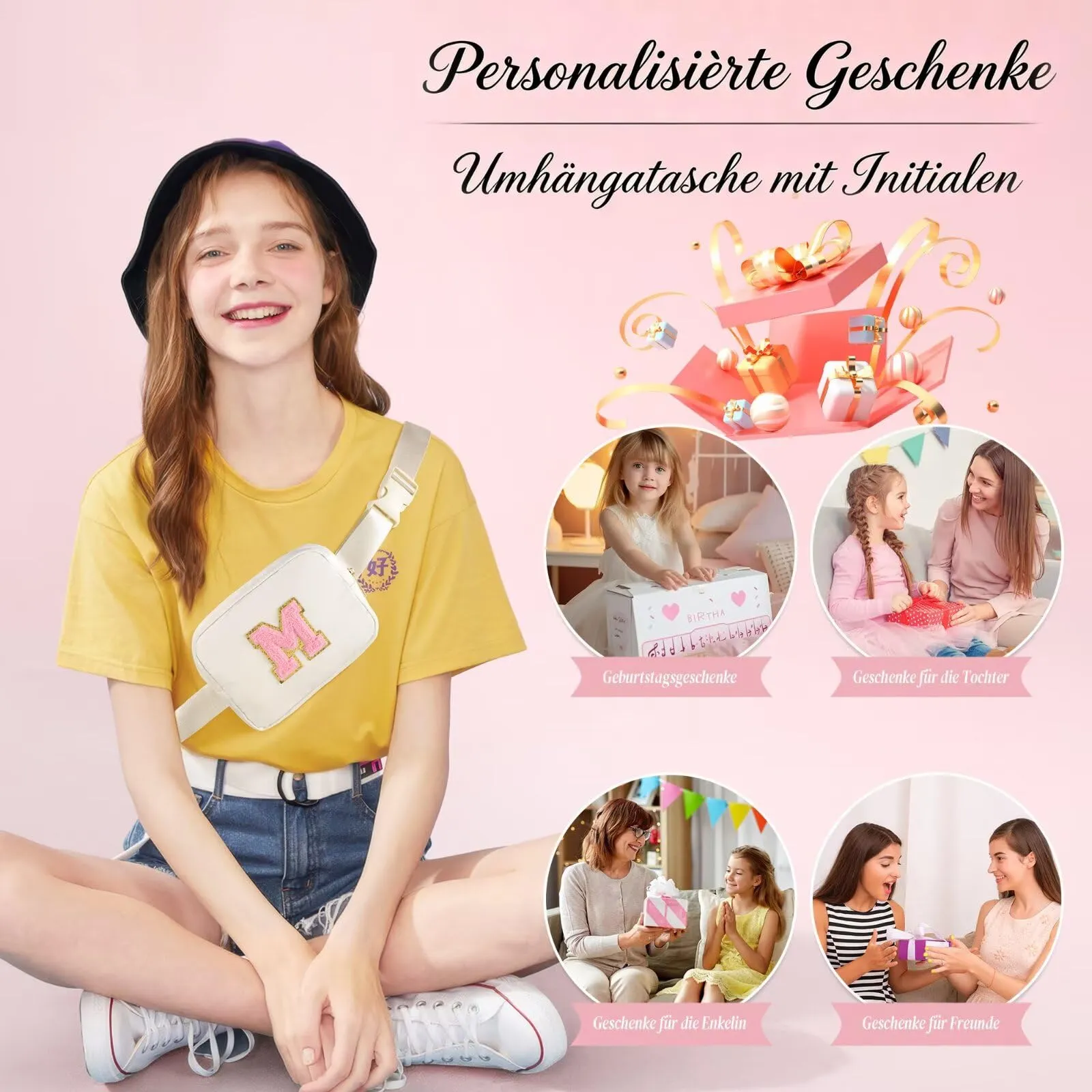 YOOLIFE Marsupio da bambina con lettere, beige., M, Classico - immagine 6