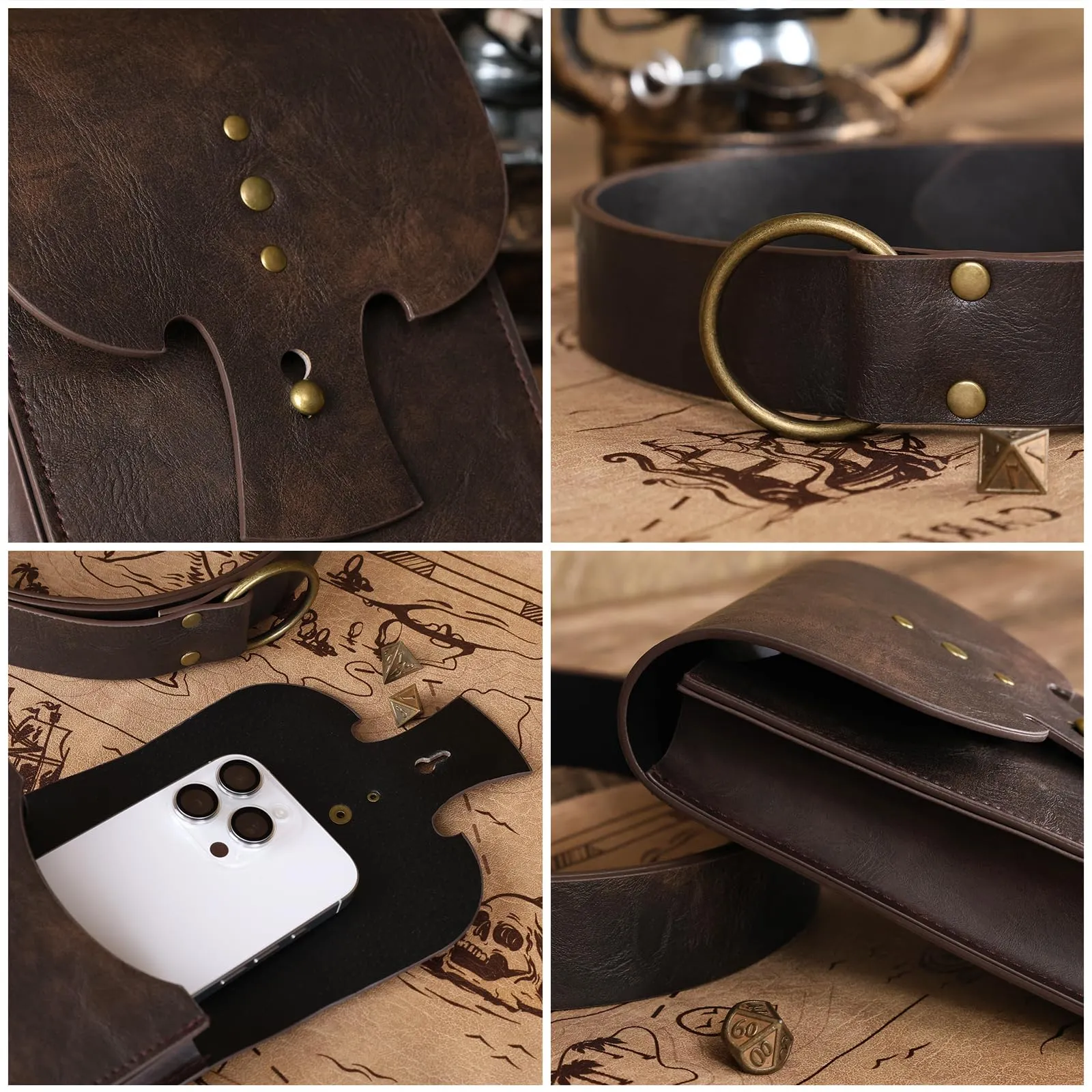 EpicCos Marsupio a Cintura Rinascimentale, Accessori Medievali da Pirata per Cosplay LARP, Marsupio a Vita in Pelle Vintage con Cintura da Fiera Medievale - immagine 3