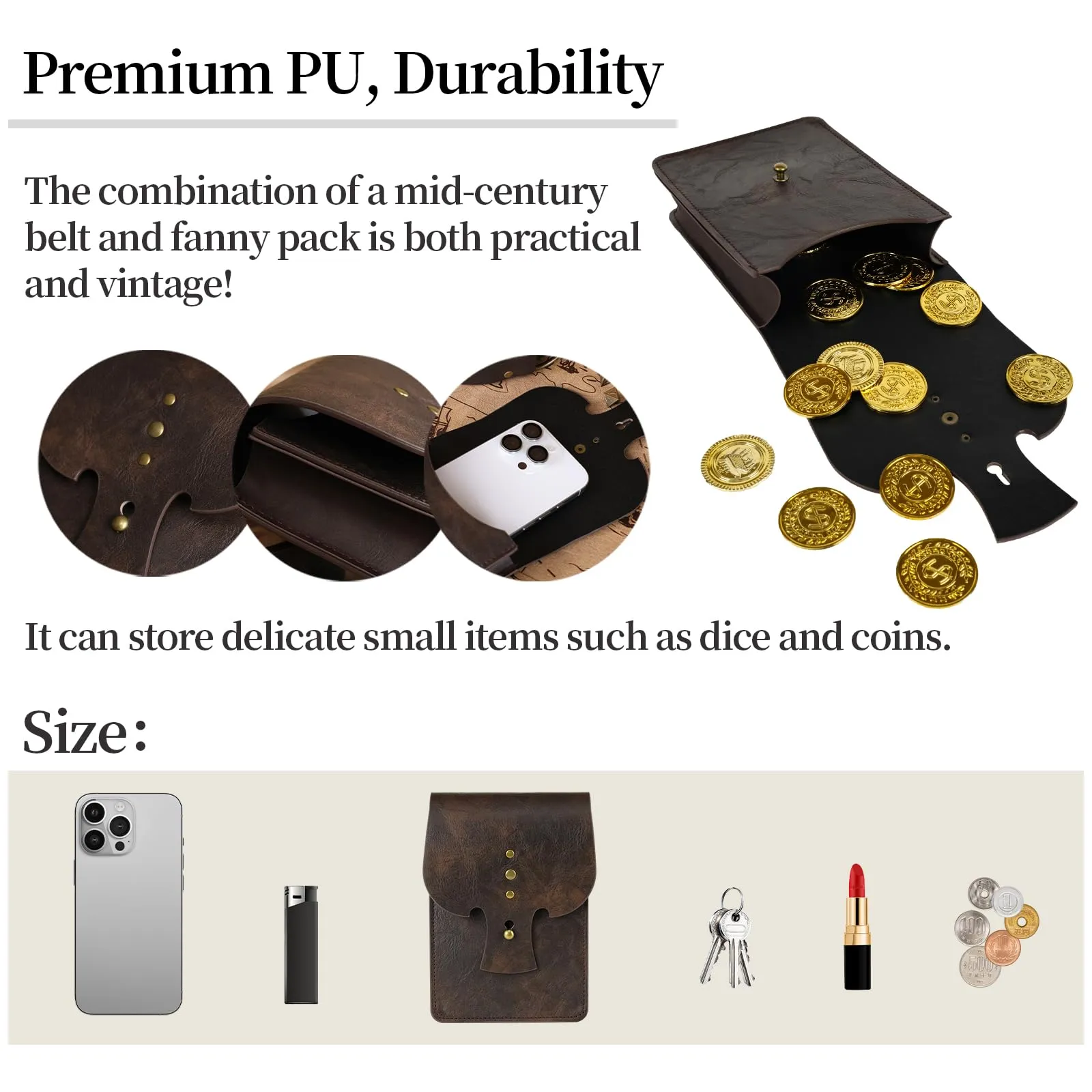EpicCos Marsupio a Cintura Rinascimentale, Accessori Medievali da Pirata per Cosplay LARP, Marsupio a Vita in Pelle Vintage con Cintura da Fiera Medievale - immagine 5