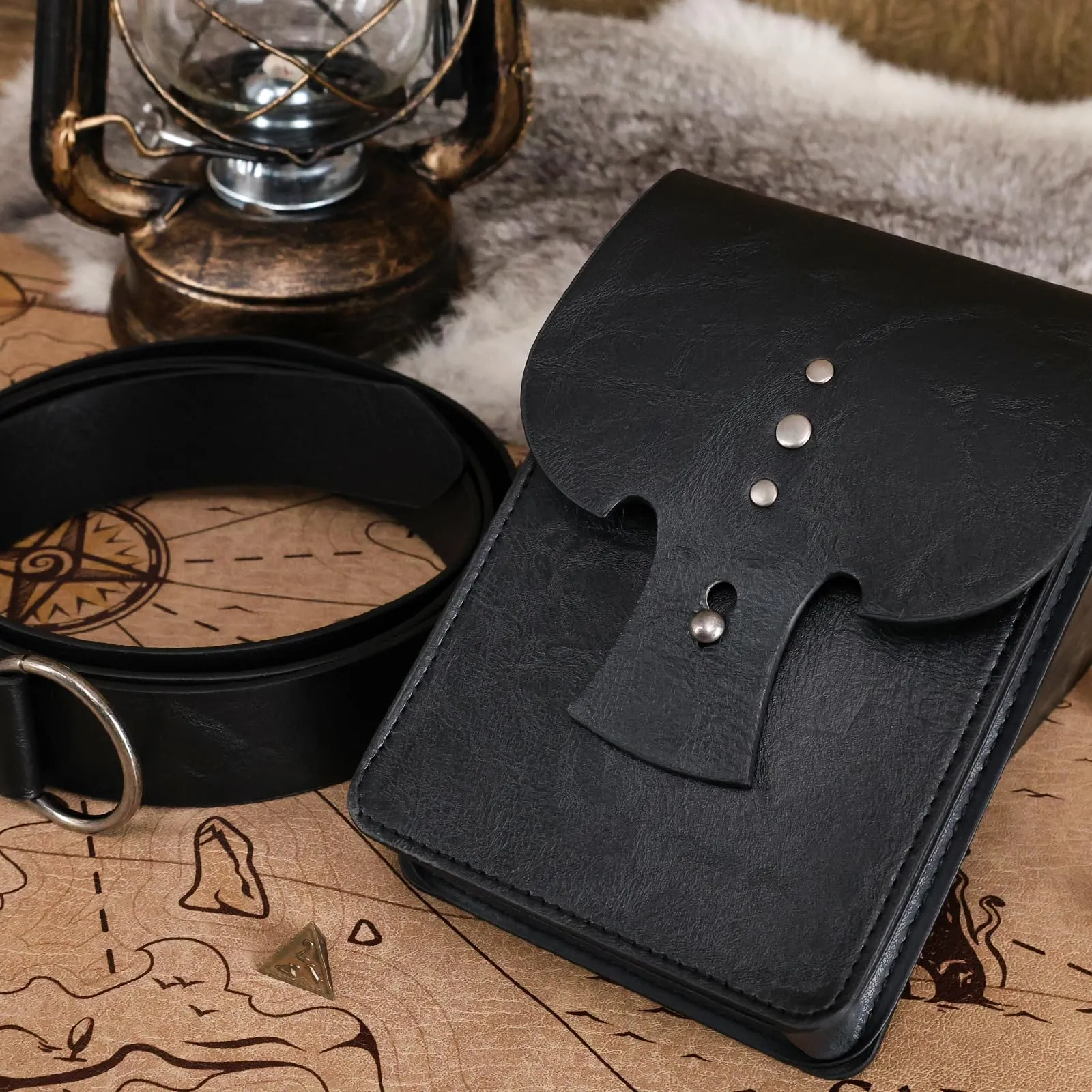 EpicCos Marsupio rinascimentale, medievale pirata Cosplay accessori per LARP, marsupio in pelle vintage con cintura Ren Faire, Nero B, Nero B - immagine 2