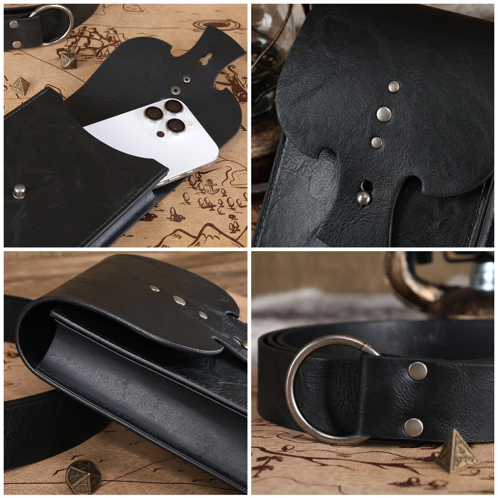 EpicCos Marsupio rinascimentale, medievale pirata Cosplay accessori per LARP, marsupio in pelle vintage con cintura Ren Faire, Nero B, Nero B - immagine 3
