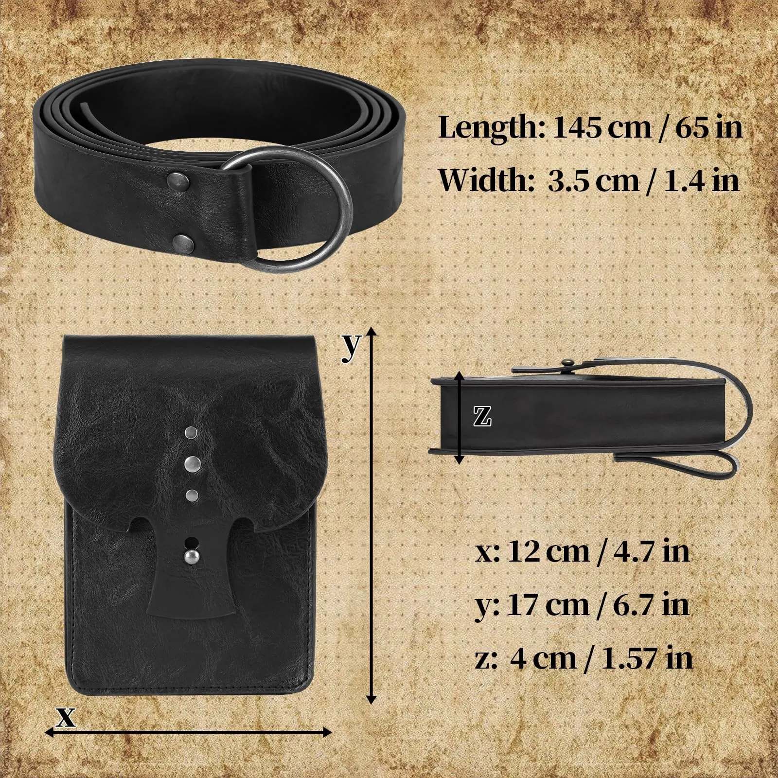 EpicCos Marsupio rinascimentale, medievale pirata Cosplay accessori per LARP, marsupio in pelle vintage con cintura Ren Faire, Nero B, Nero B - immagine 4