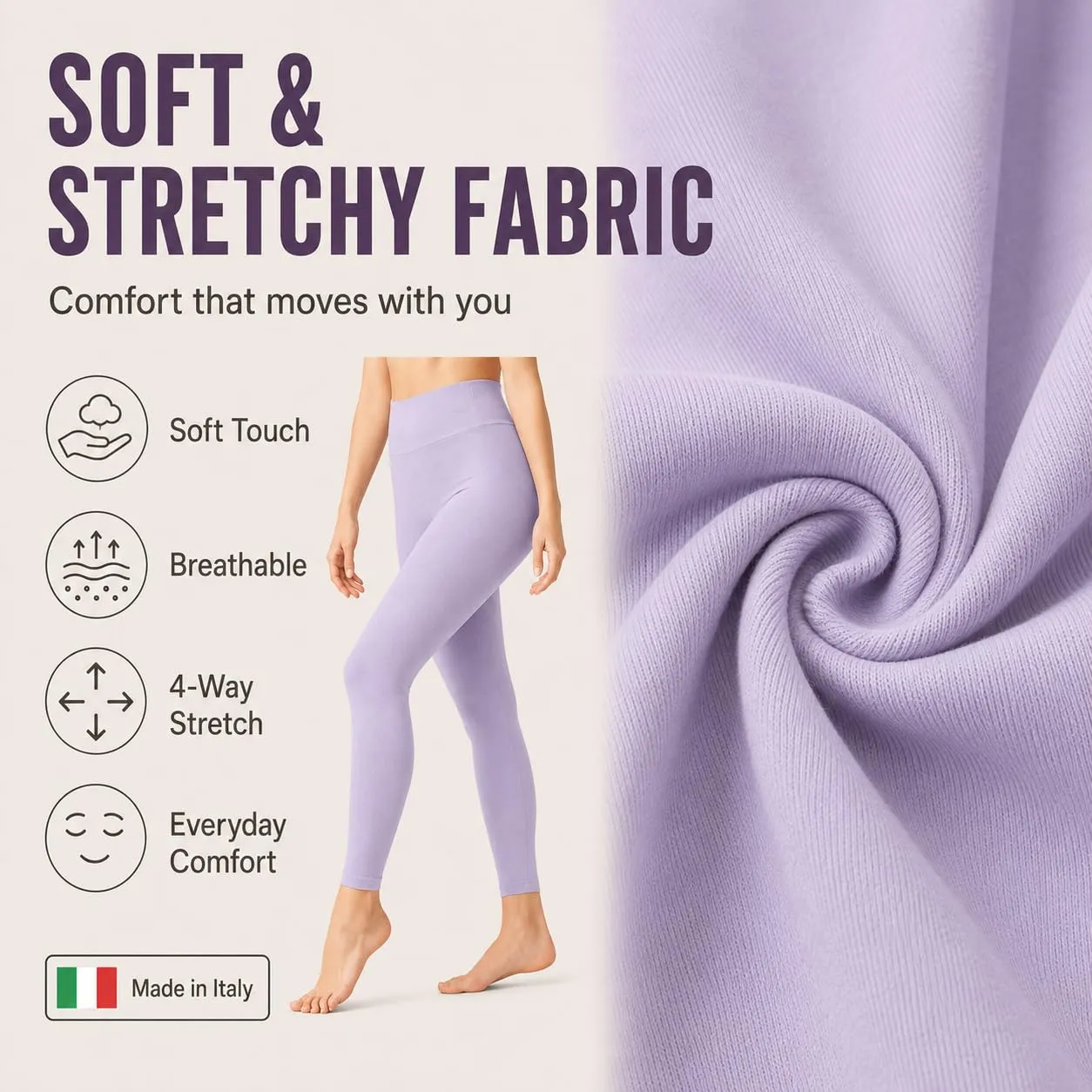 Suyamir Leggings Donna Vita Alta Made in Italy,Push Up Modellanti,Morbidi e Opachi,Elasticizzati e Traspiranti per Sport,Yoga,Fitness e Casual (IT, Testo, XXL, 3XL, Regular, Regular, Lilla) - immagine 3