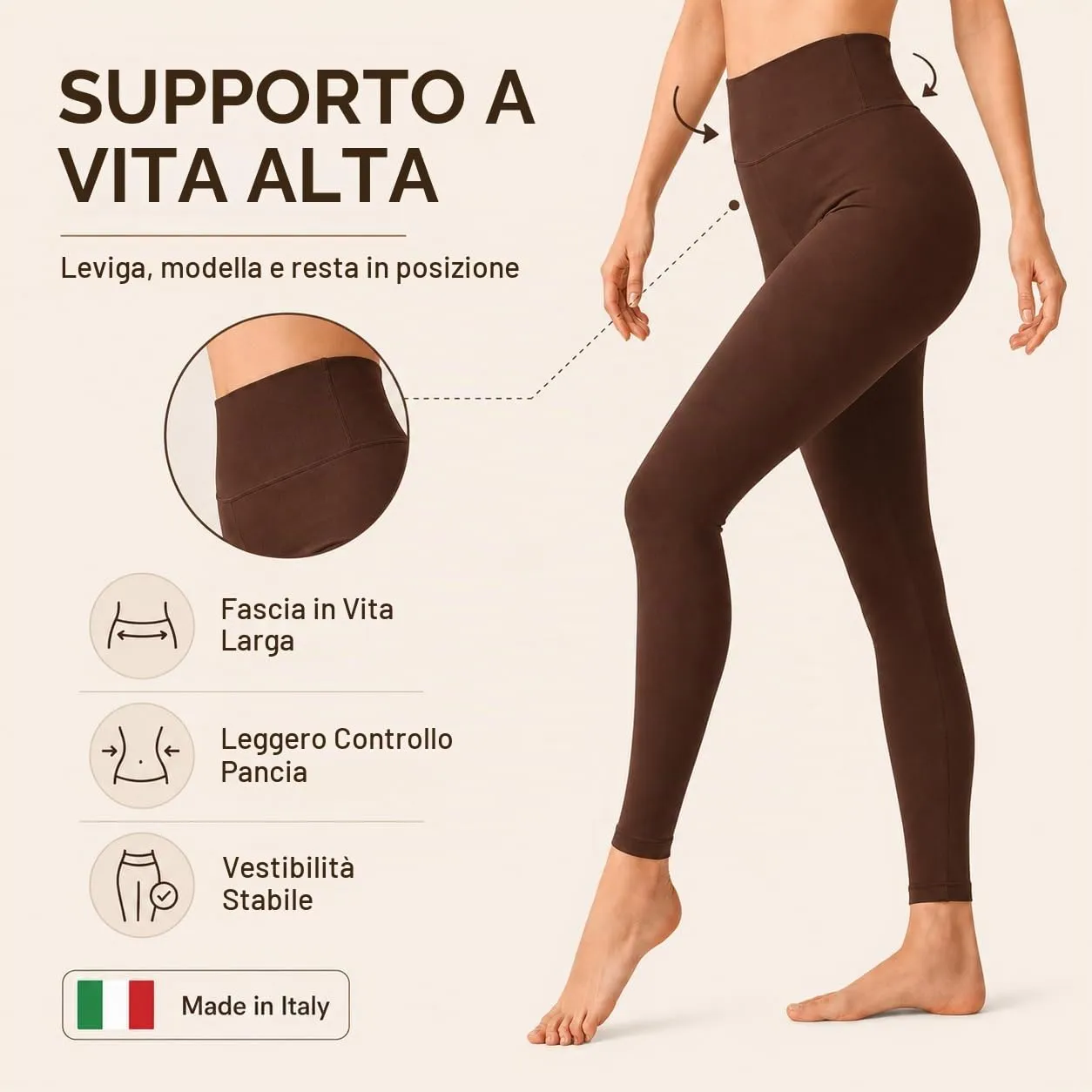 Suyamir Leggings Donna Vita Alta Made in Italy,Push Up Modellanti,Morbidi e Opachi,Elasticizzati e Traspiranti per Sport,Yoga,Fitness e Casual (IT, Testo, XXL, 3XL, Regular, Regular, Marrone) - immagine 4