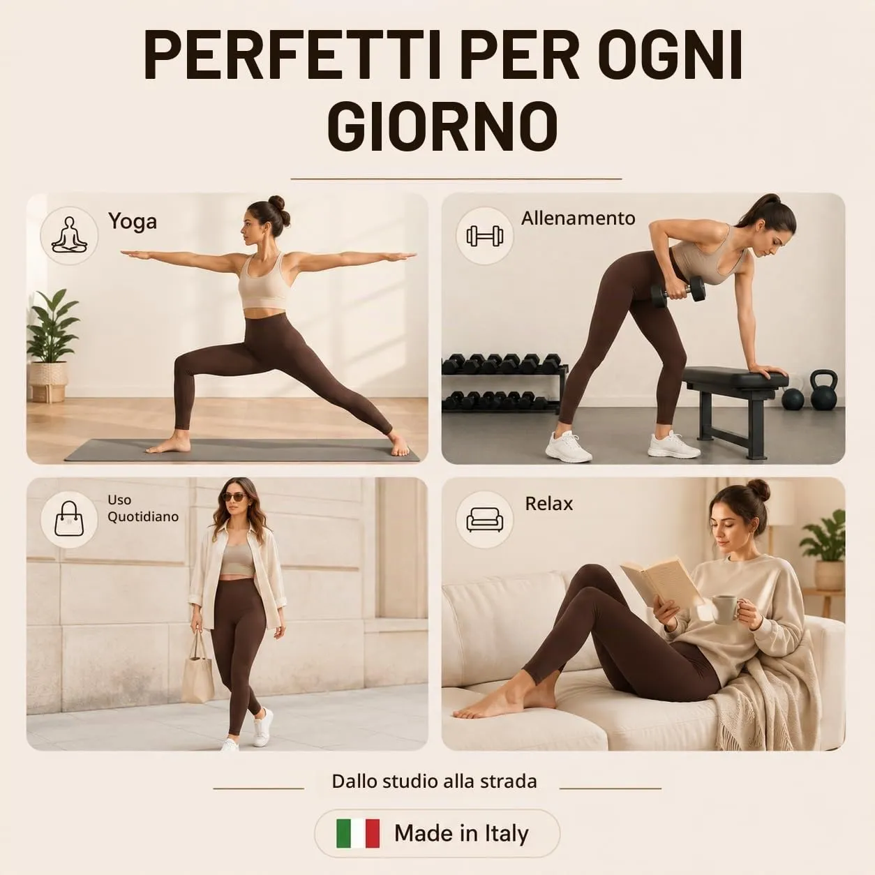 Suyamir Leggings Donna Vita Alta Made in Italy,Push Up Modellanti,Morbidi e Opachi,Elasticizzati e Traspiranti per Sport,Yoga,Fitness e Casual (IT, Testo, XXL, 3XL, Regular, Regular, Marrone) - immagine 6