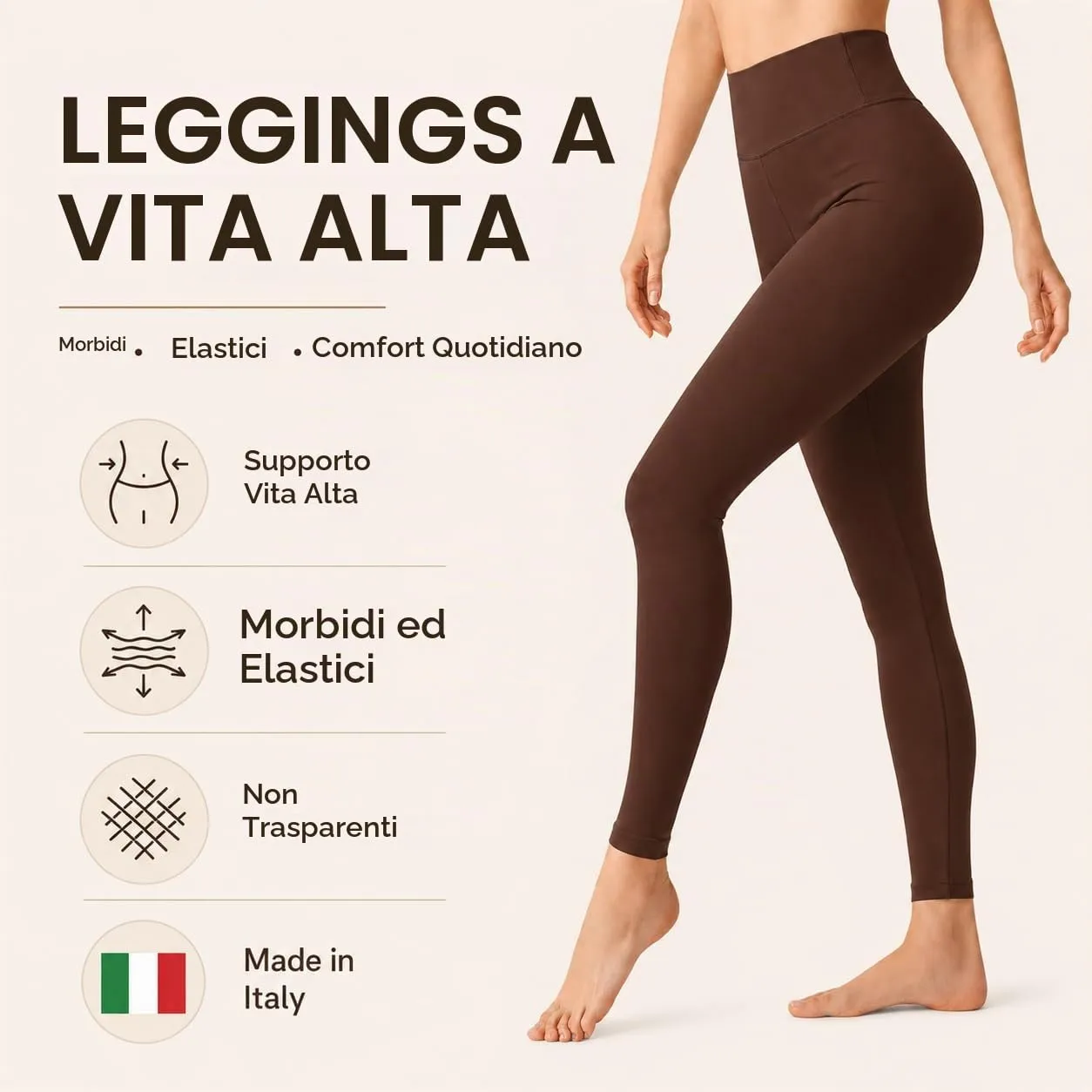 Suyamir Leggings Donna Vita Alta Made in Italy,Push Up Modellanti,Morbidi e Opachi,Elasticizzati e Traspiranti per Sport,Yoga,Fitness e Casual (IT, Testo, S, M, Regular, Regular, Marrone) - immagine 2
