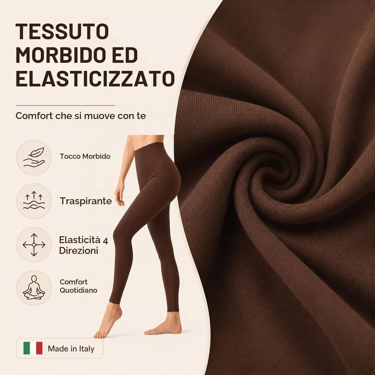 Suyamir Leggings Donna Vita Alta Made in Italy,Push Up Modellanti,Morbidi e Opachi,Elasticizzati e Traspiranti per Sport,Yoga,Fitness e Casual (IT, Testo, S, M, Regular, Regular, Marrone) - immagine 3
