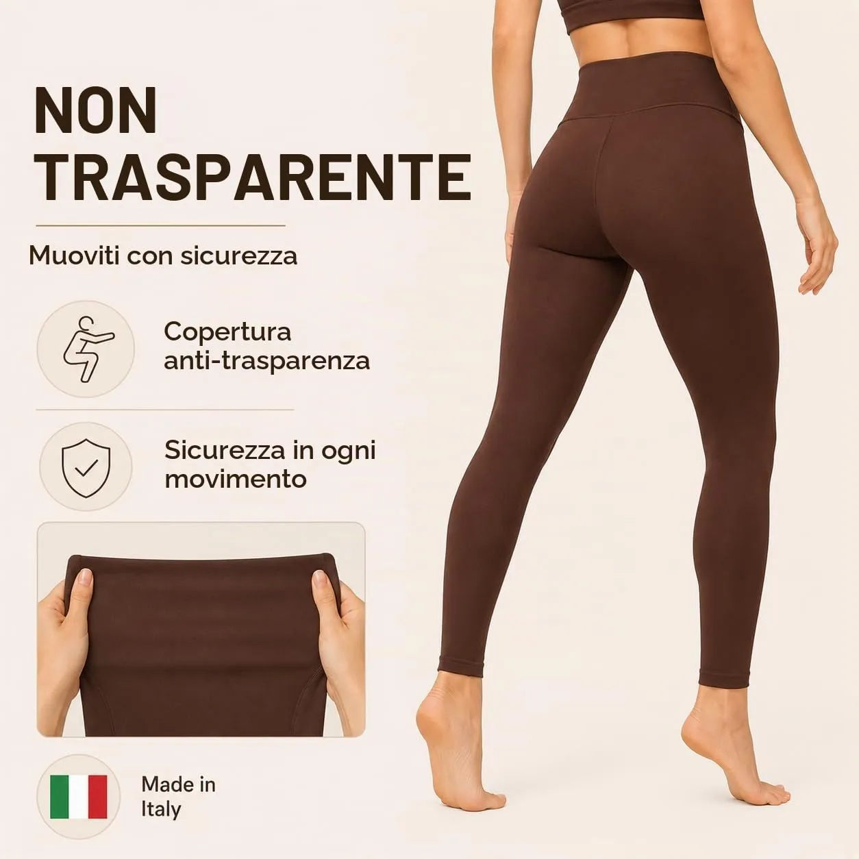 Suyamir Leggings Donna Vita Alta Made in Italy,Push Up Modellanti,Morbidi e Opachi,Elasticizzati e Traspiranti per Sport,Yoga,Fitness e Casual (IT, Testo, S, M, Regular, Regular, Marrone) - immagine 5