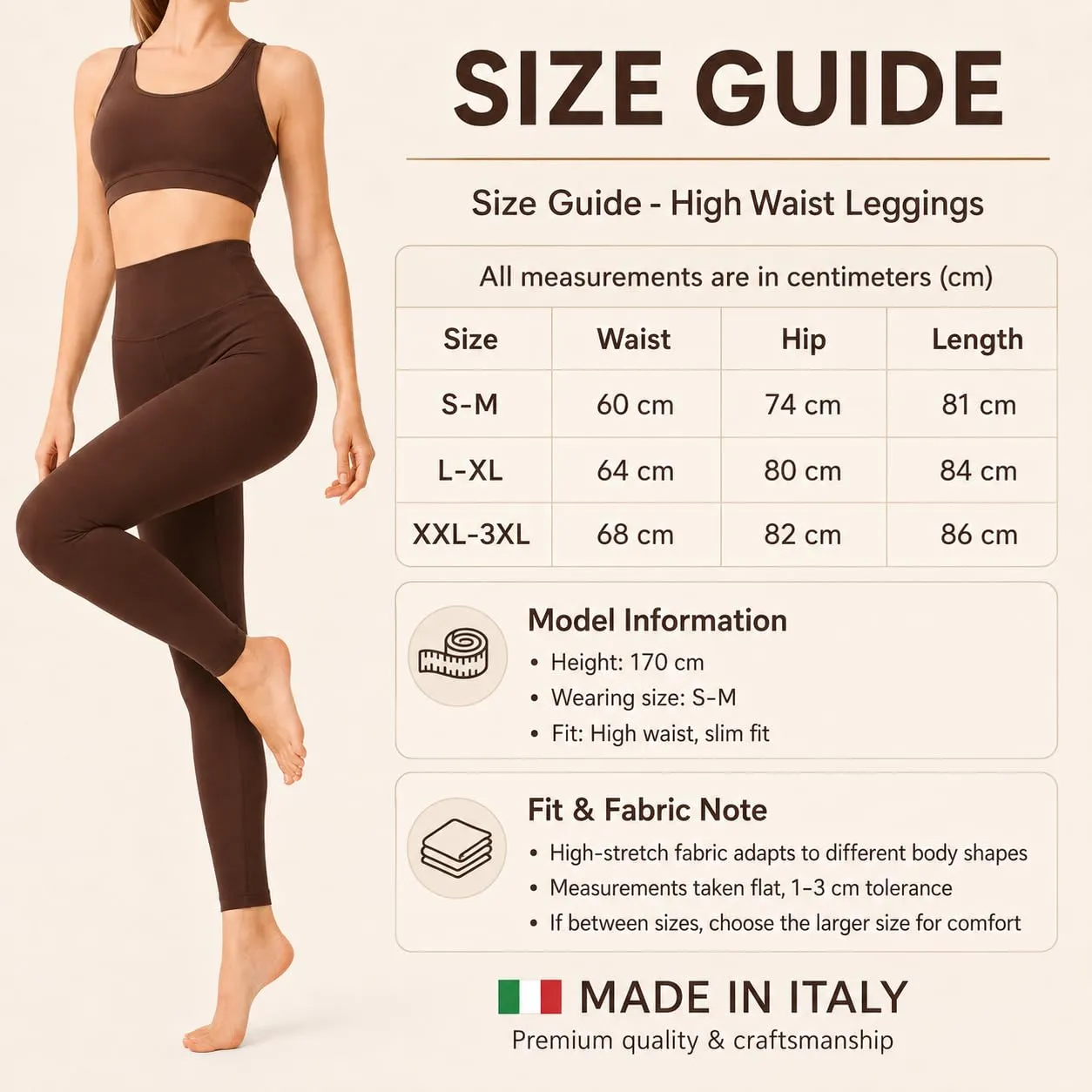 Suyamir Leggings Donna Vita Alta Made in Italy,Push Up Modellanti,Morbidi e Opachi,Elasticizzati e Traspiranti per Sport,Yoga,Fitness e Casual (IT, Testo, S, M, Regular, Regular, Marrone) - immagine 7