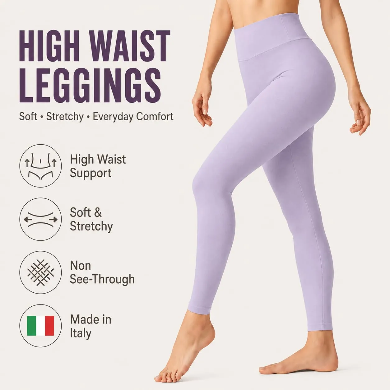 Suyamir Leggings Donna Vita Alta Made in Italy,Push Up Modellanti,Morbidi e Opachi,Elasticizzati e Traspiranti per Sport,Yoga,Fitness e Casual (IT, Testo, L, XL, Regular, Regular, Lilla) - immagine 2
