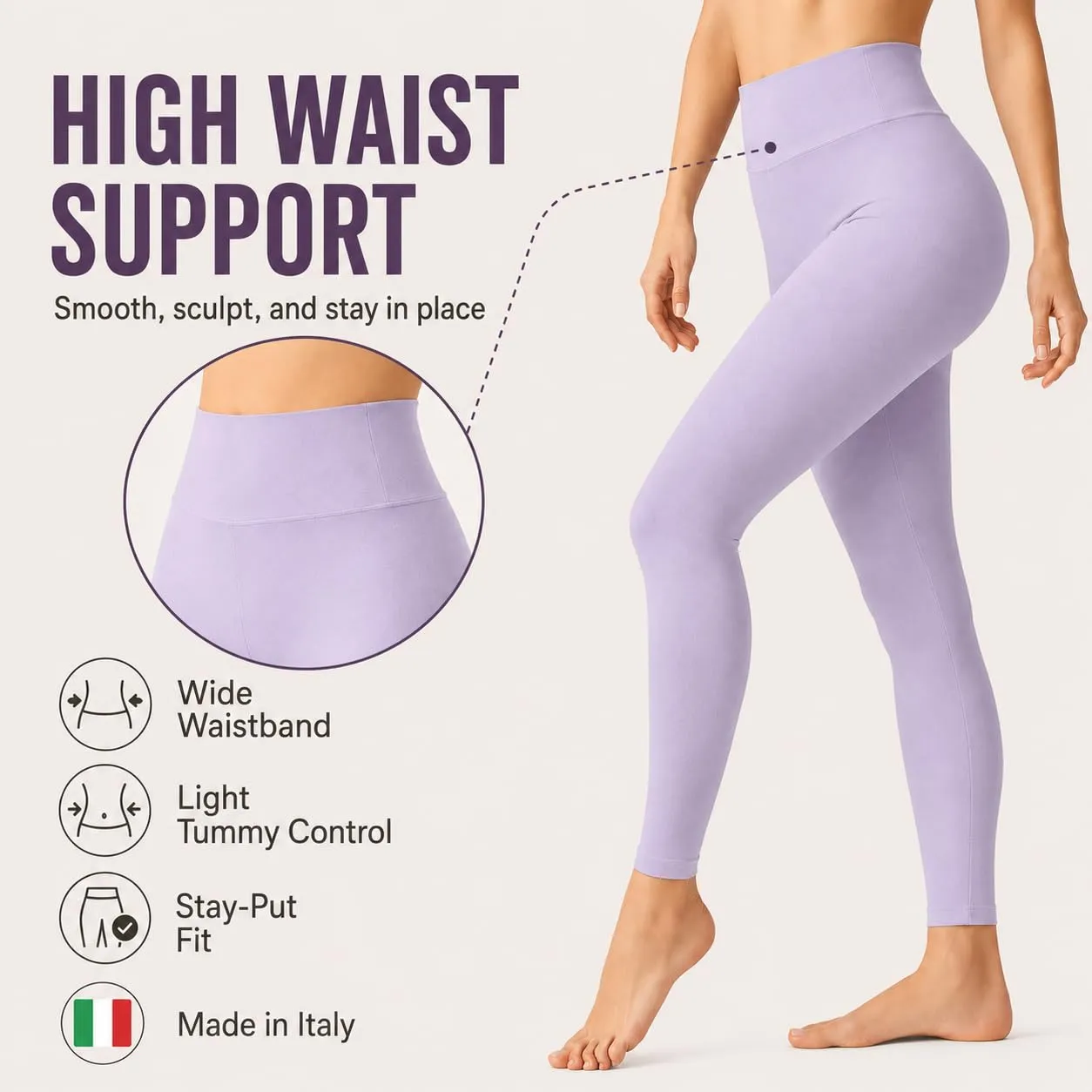Suyamir Leggings Donna Vita Alta Made in Italy,Push Up Modellanti,Morbidi e Opachi,Elasticizzati e Traspiranti per Sport,Yoga,Fitness e Casual (IT, Testo, L, XL, Regular, Regular, Lilla) - immagine 4