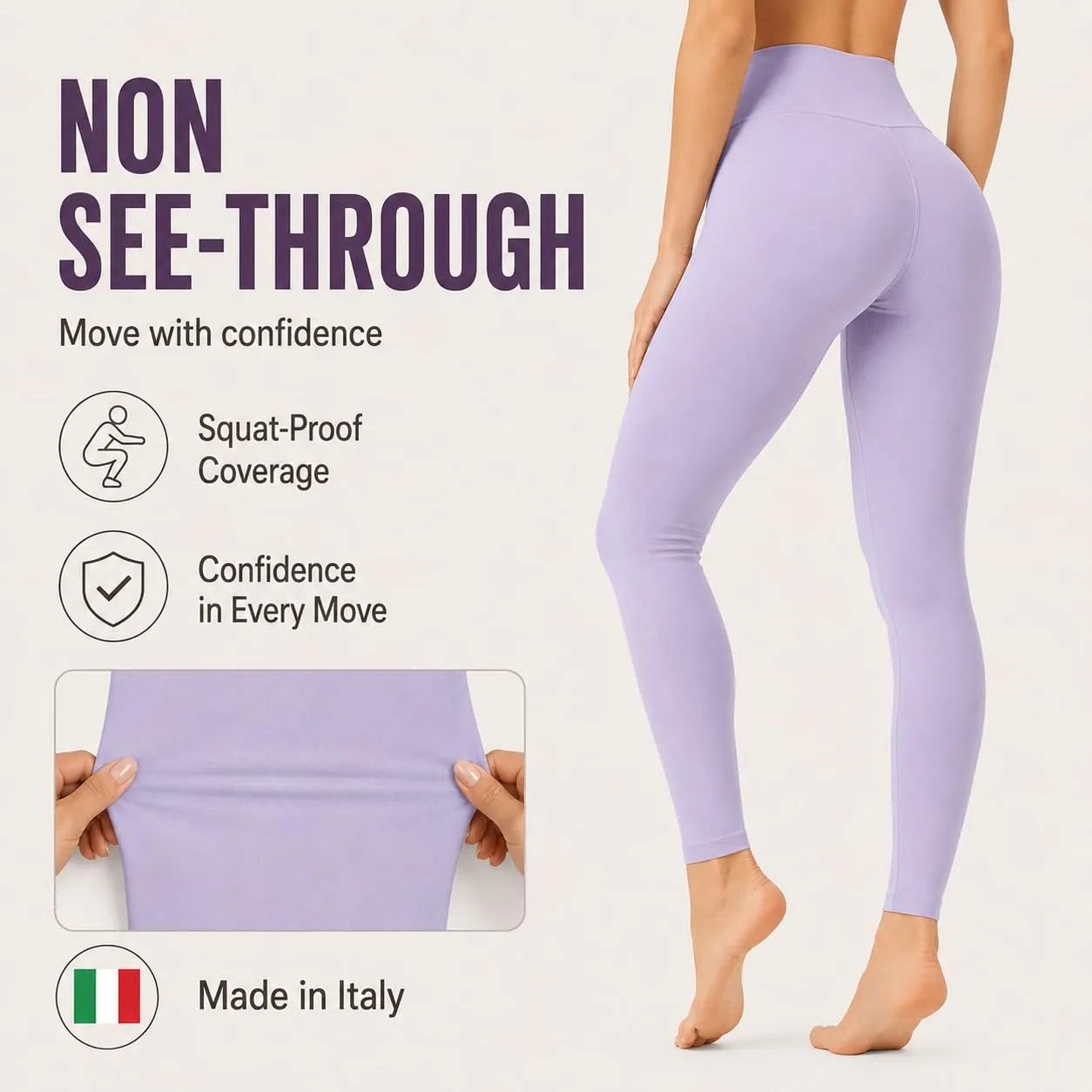 Suyamir Leggings Donna Vita Alta Made in Italy,Push Up Modellanti,Morbidi e Opachi,Elasticizzati e Traspiranti per Sport,Yoga,Fitness e Casual (IT, Testo, L, XL, Regular, Regular, Lilla) - immagine 5