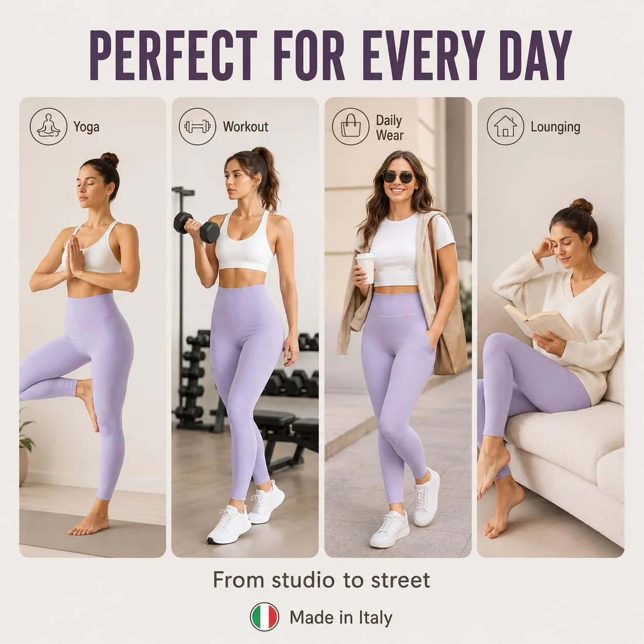 Suyamir Leggings Donna Vita Alta Made in Italy,Push Up Modellanti,Morbidi e Opachi,Elasticizzati e Traspiranti per Sport,Yoga,Fitness e Casual (IT, Testo, L, XL, Regular, Regular, Lilla) - immagine 6