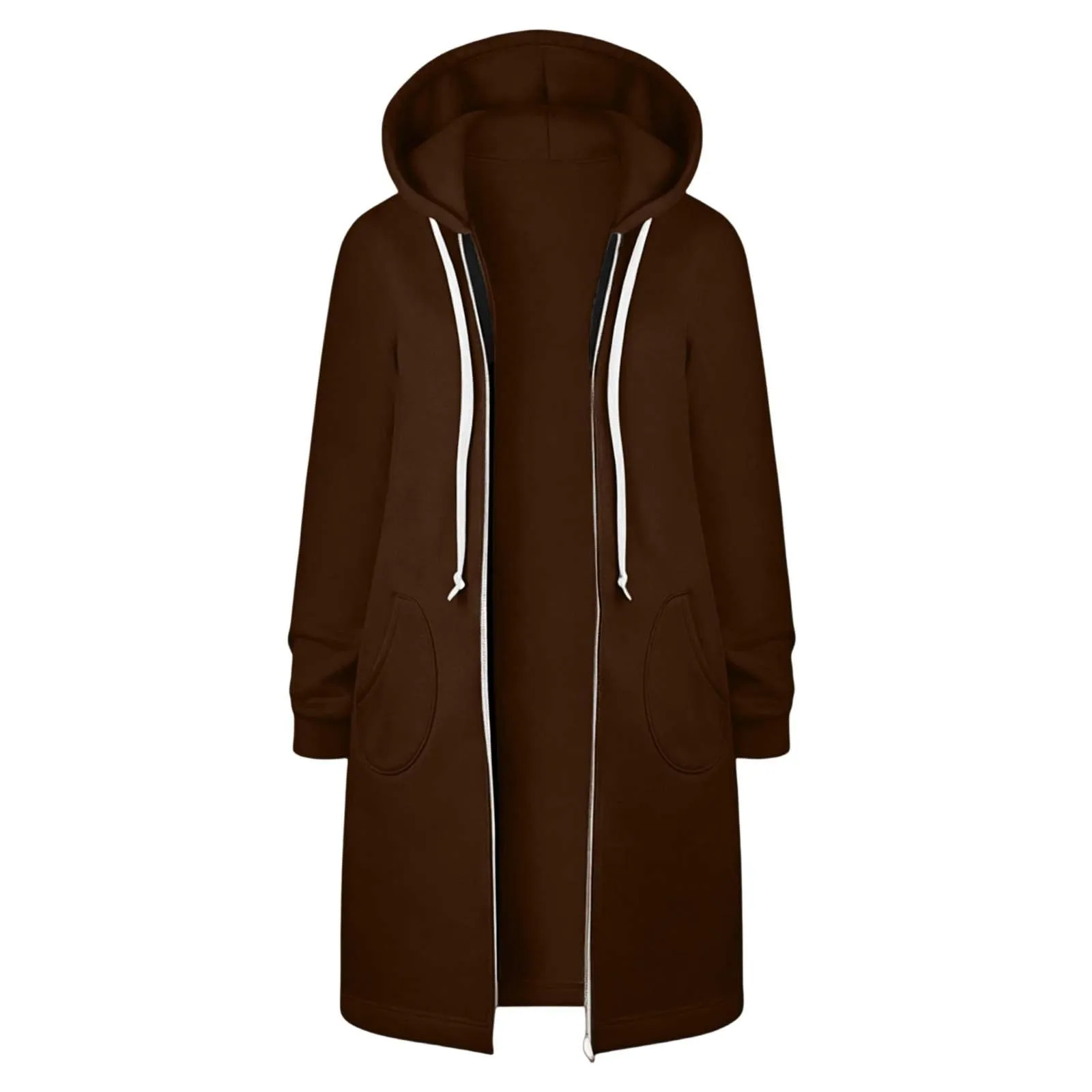Generico Felpa Lunga Donna con Cappuccio Zip Tasche, Pile Morbido Stile Y2k Casual Autunno Inverno Monopinta - immagine 4