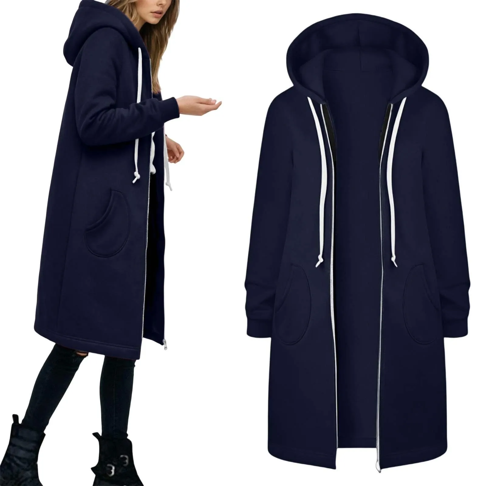 Generico Felpa Lunga Donna con Cappuccio Zip Tasche, Pile Morbido Stile Y2k Casual Autunno Inverno Monopinta - immagine 2