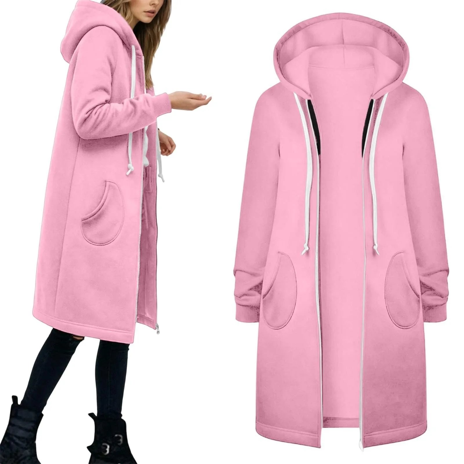 Generico Felpa Lunga Donna con Cappuccio Zip Tasche, Pile Morbido Stile Y2k Casual Autunno Inverno Monopinta - immagine 2