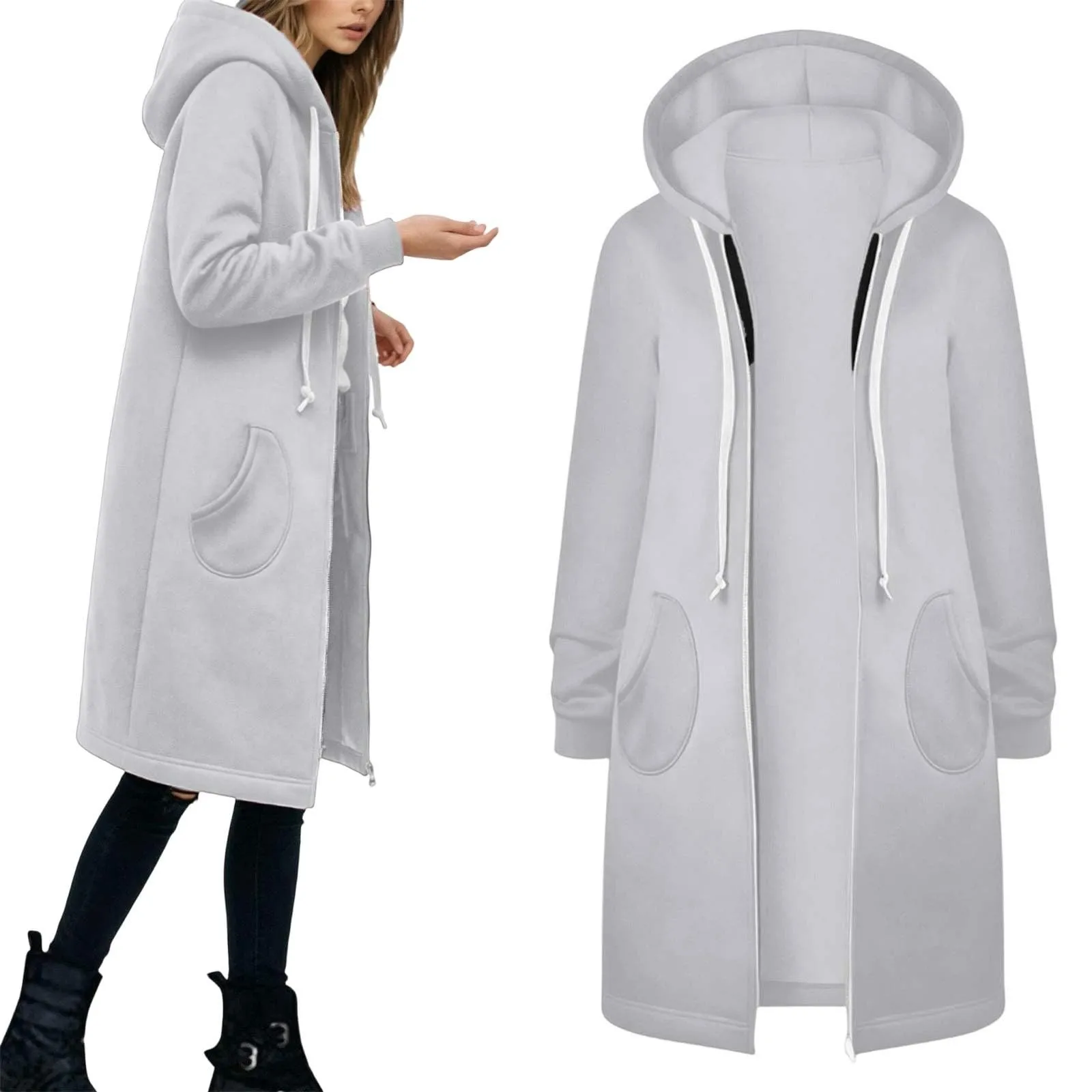 Generico Felpa Lunga Donna con Cappuccio Zip Tasche, Pile Morbido Stile Y2k Casual Autunno Inverno Monopinta - immagine 2