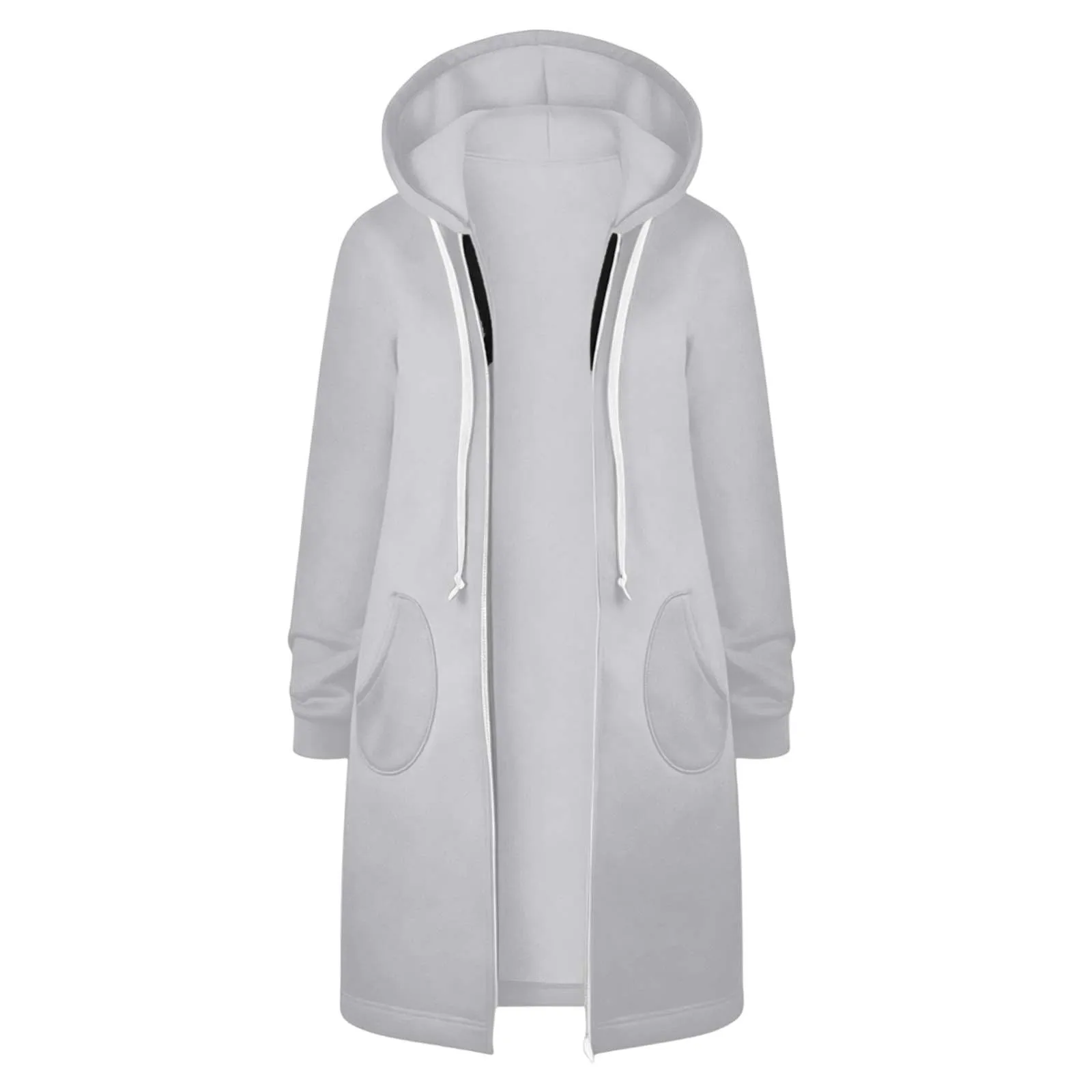 Generico Felpa Lunga Donna con Cappuccio Zip Tasche, Pile Morbido Stile Y2k Casual Autunno Inverno Monopinta - immagine 4