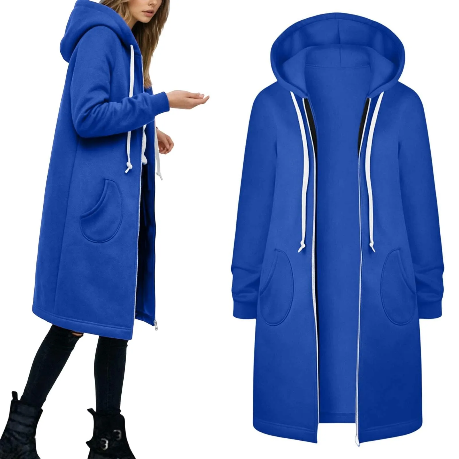 Generico Felpa Lunga Donna con Cappuccio Zip Tasche, Pile Morbido Stile Y2k Casual Autunno Inverno Monopinta - immagine 2