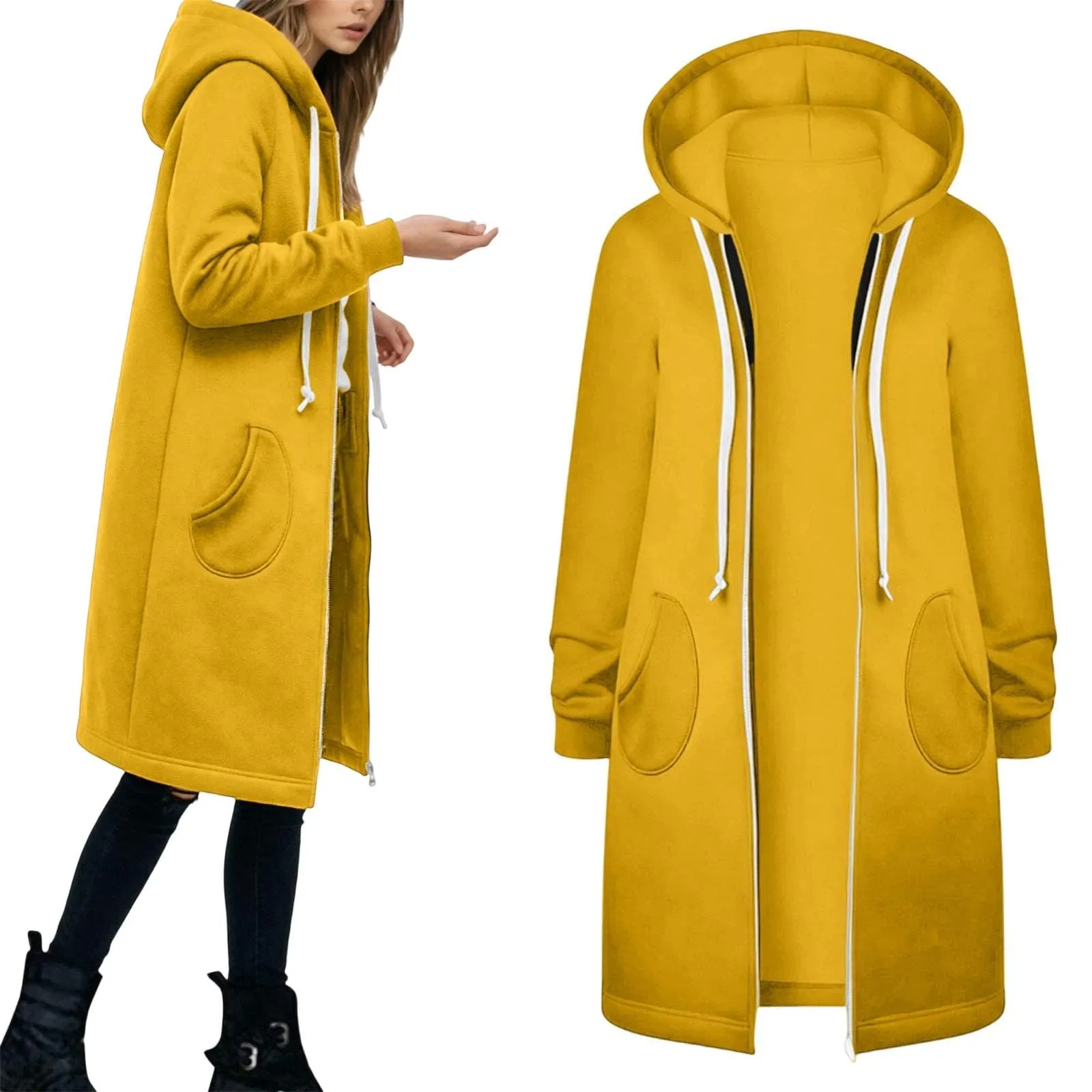 Generico Felpa Lunga Donna con Cappuccio Zip Tasche, Pile Morbido Stile Y2k Casual Autunno Inverno Monopinta - immagine 2