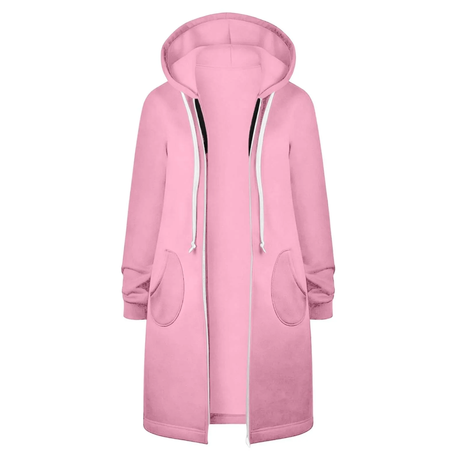 Generico Felpa Lunga Donna con Cappuccio Zip Tasche, Pile Morbido Stile Y2k Casual Autunno Inverno Monopinta - immagine 4